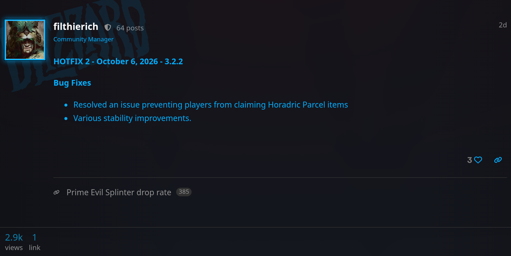 Message du Hotfix 2 du 6 octobre 2026 sur le forum Diablo 4 de Blizzard avec le correctif des Colis horadriques