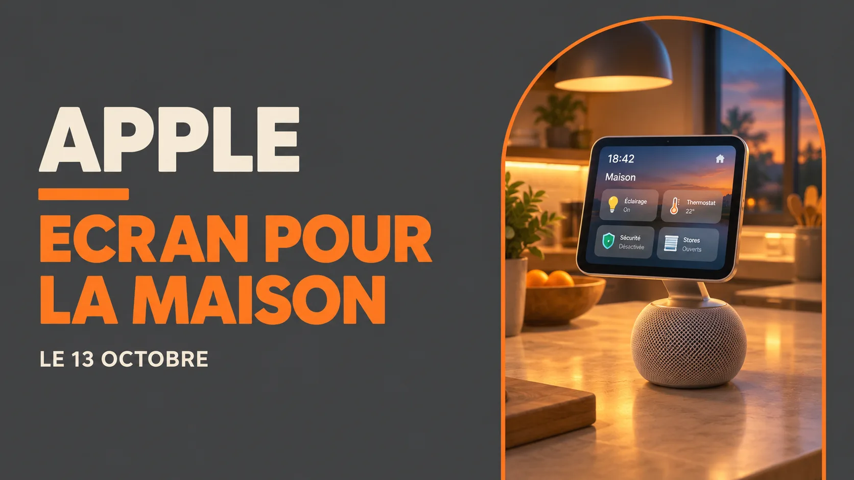 Écran domestique Apple : un petit écran carré monté sur une base haut-parleur, posé sur un plan de travail de cuisine