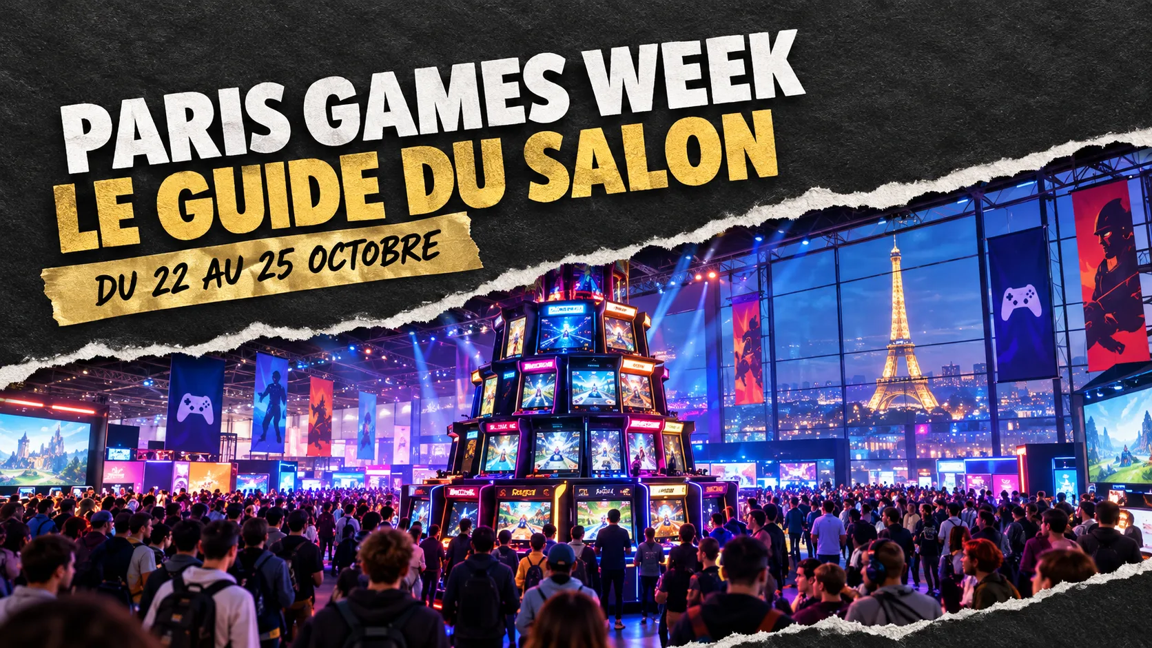 Paris Games Week 2026 : une foule de joueurs autour d'une tour de bornes d'arcade dans un grand hall d'exposition