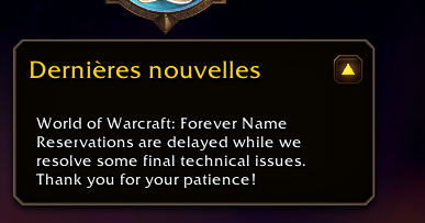 Panneau Dernières nouvelles du client WoW Forever en français, avec le message de retard rédigé en anglais