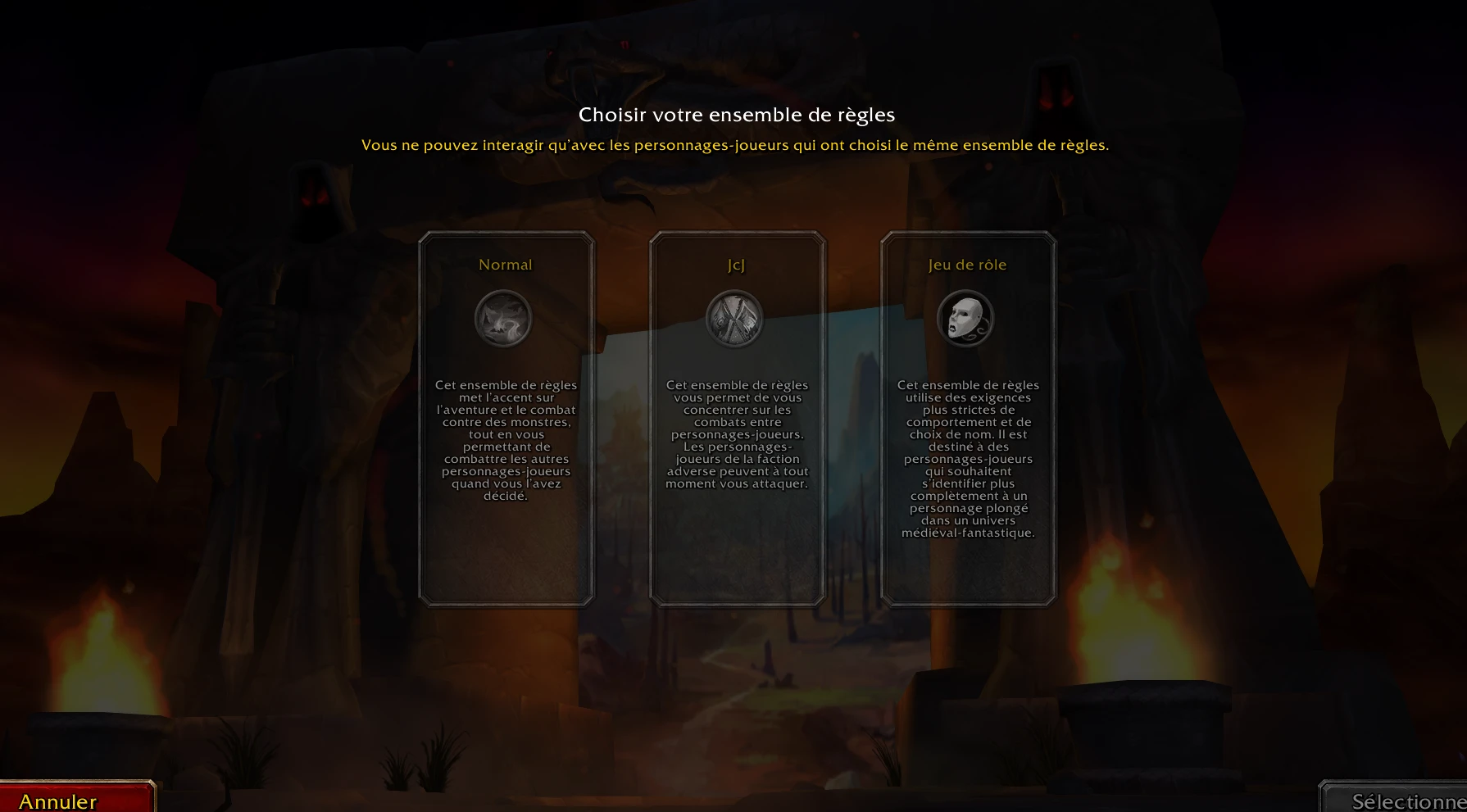 Écran Choisir votre ensemble de règles du client WoW Forever en français, avec les options Normal, JcJ et Jeu de rôle