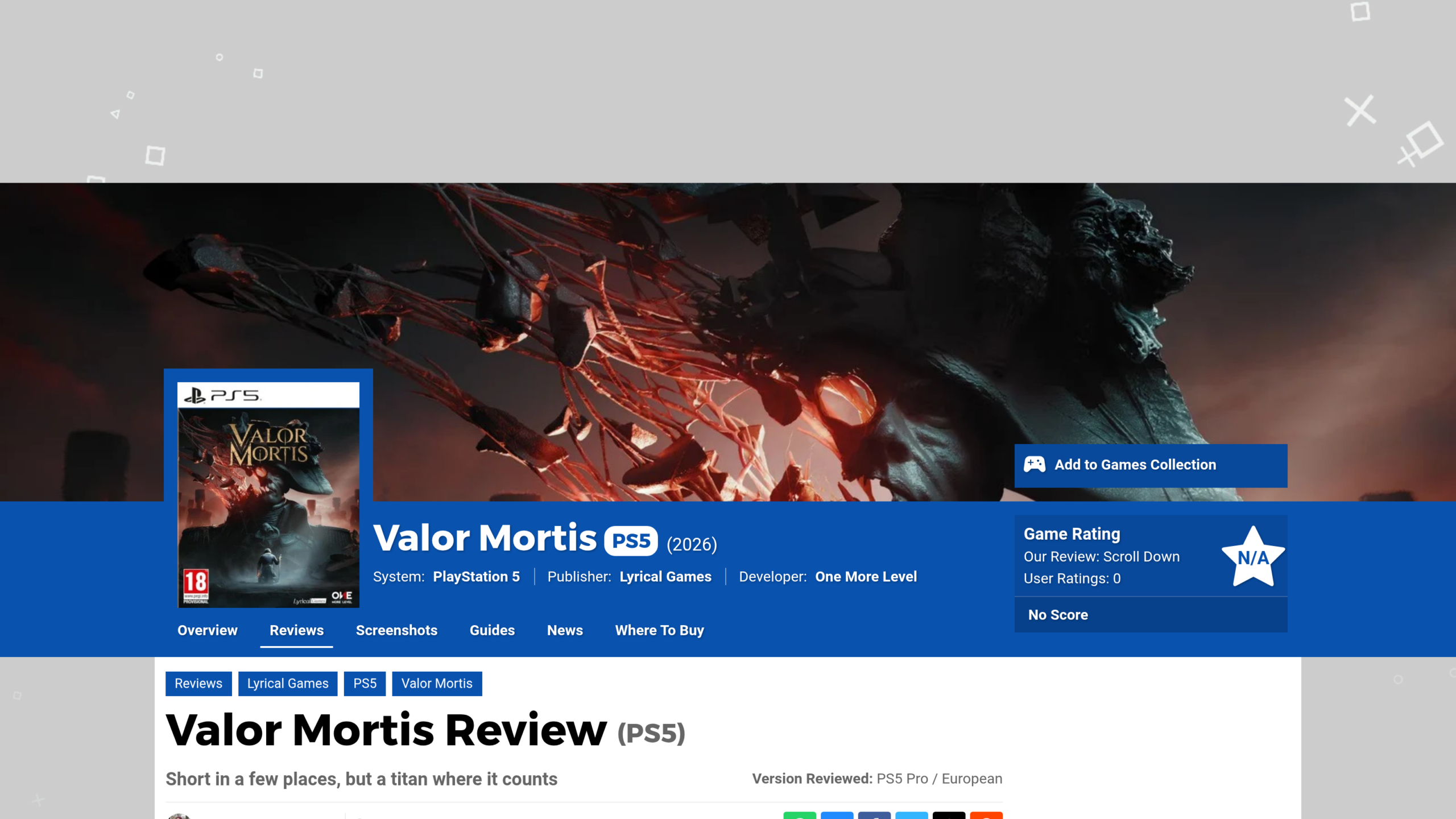 En-tête de la critique de Push Square sur PS5 : visuel du jeu avec un soldat en tricorne et des racines rougeoyantes, sous-titre Short in a few places, but a titan where it counts, version testée PS5 Pro