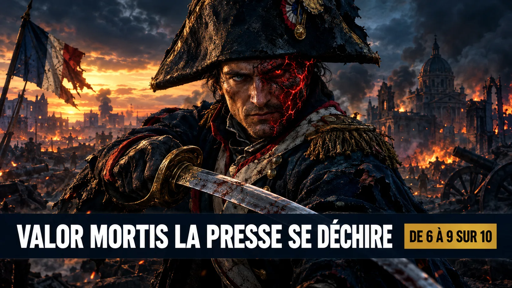 Valor Mortis : miniature illustrée, un soldat napoléonien au visage fissuré de veines rouges, sabre en main devant une ville en flammes, texte Valor Mortis, la presse se déchire, de 6 à 9 sur 10