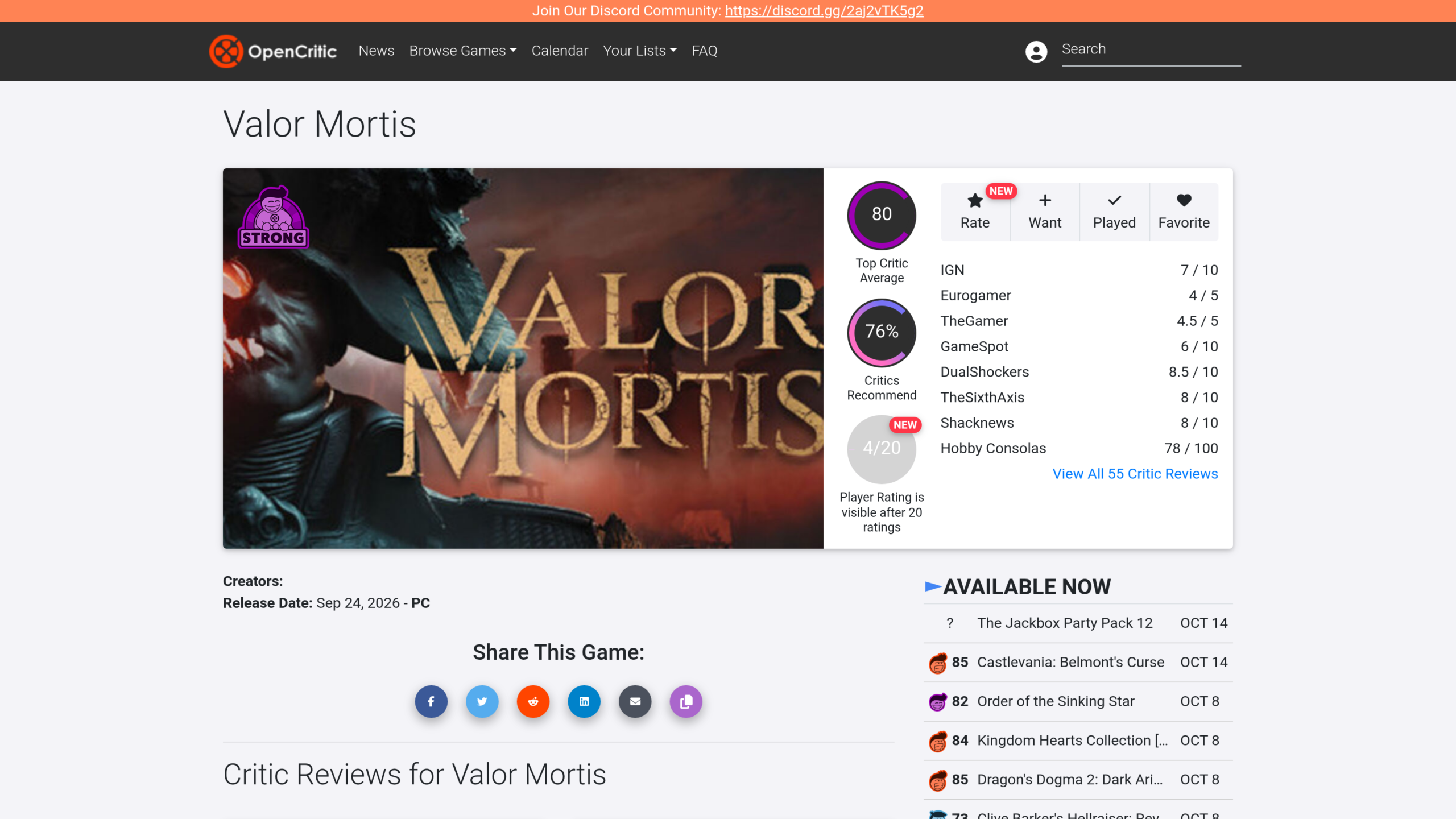 Page OpenCritic du jeu : moyenne des grands critiques 80, 76 % de critiques qui recommandent, notes de IGN 7/10 à DualShockers 8,5/10 et GameSpot 6/10, 55 critiques au total