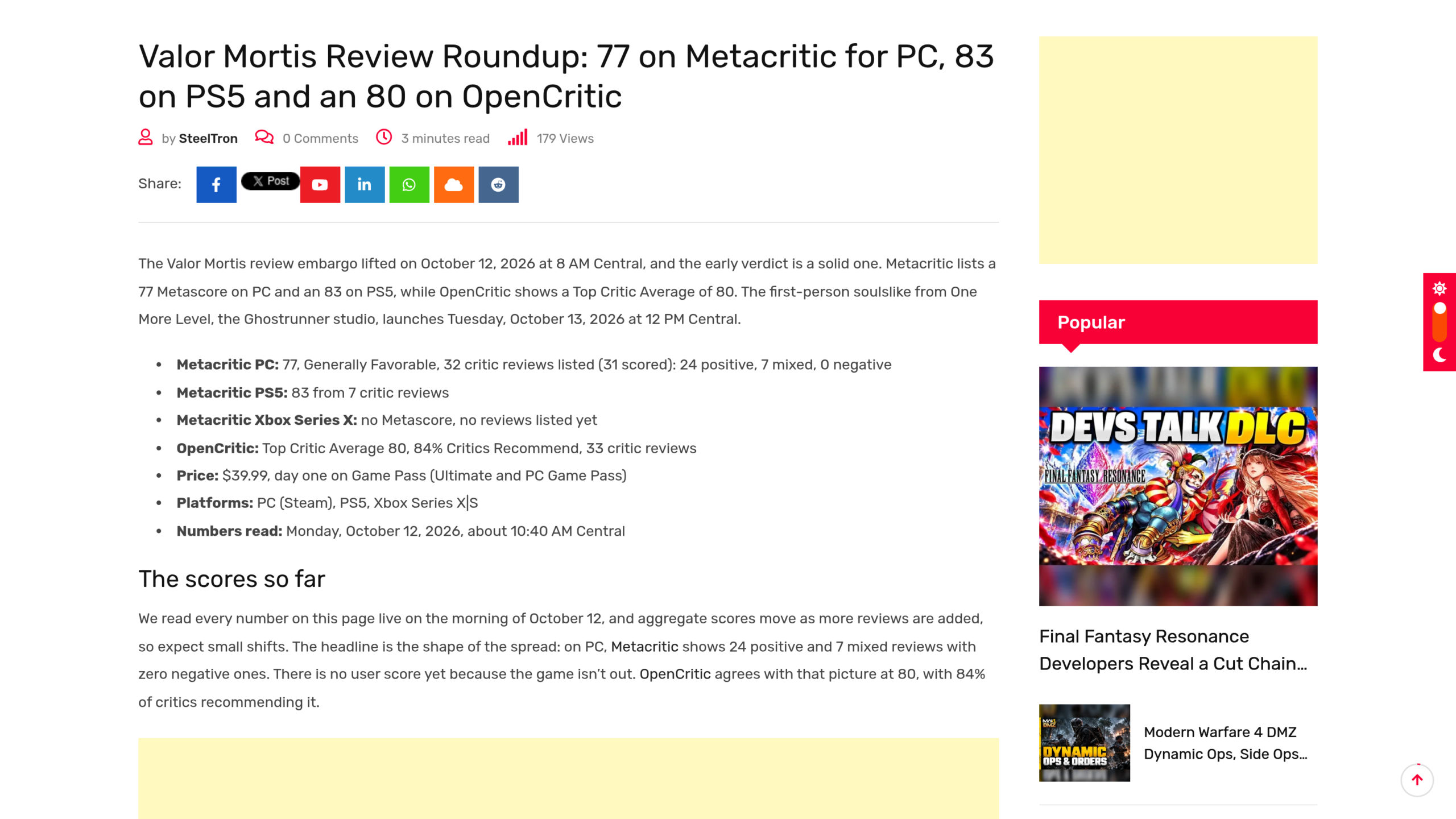 Article de récapitulatif des notes : 77 sur Metacritic PC, 83 sur PS5 et 80 sur OpenCritic, avec la liste des chiffres relevés le 12 octobre, le prix de 39,99 dollars et le Game Pass dès le premier jour