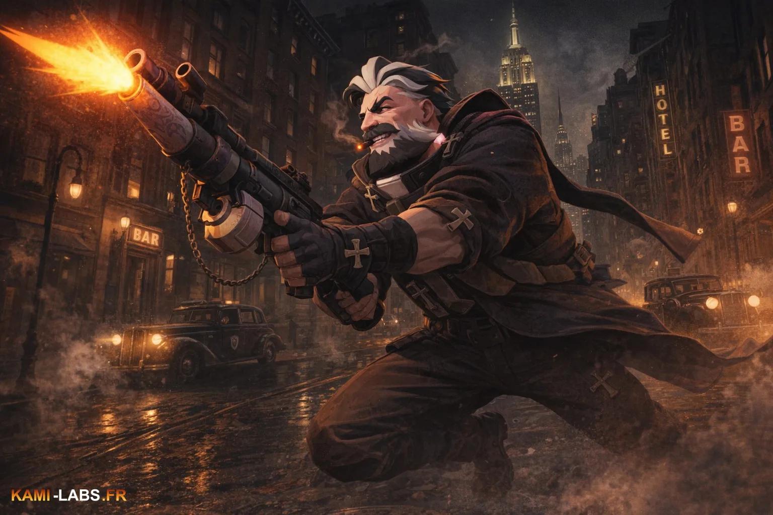 Illustration de Venator en pose de combat dans une rue de nuit new-yorkaise