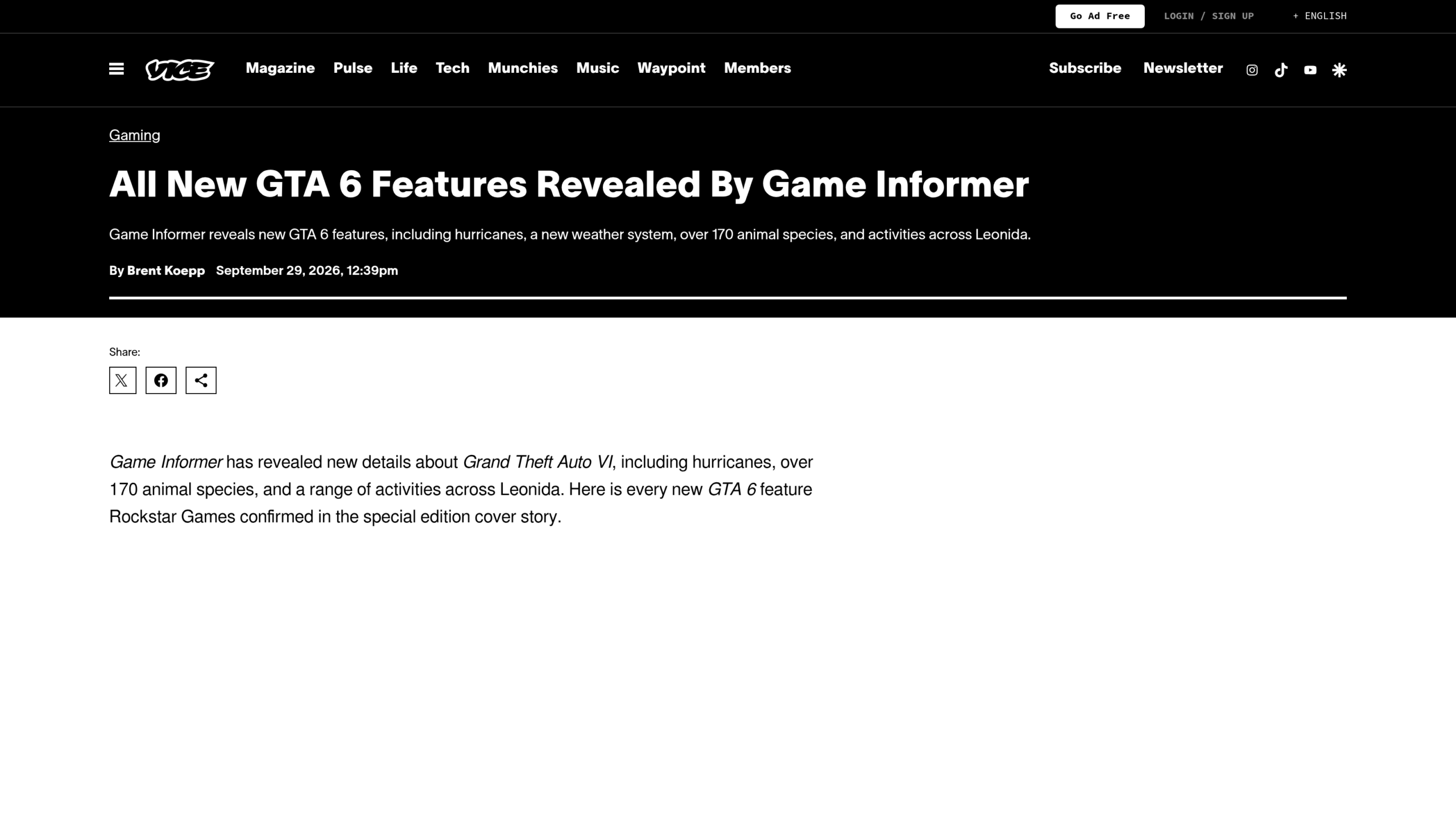 En-tête de l'article de Vice signé Brent Koepp qui liste les nouveautés de GTA 6 révélées par Game Informer