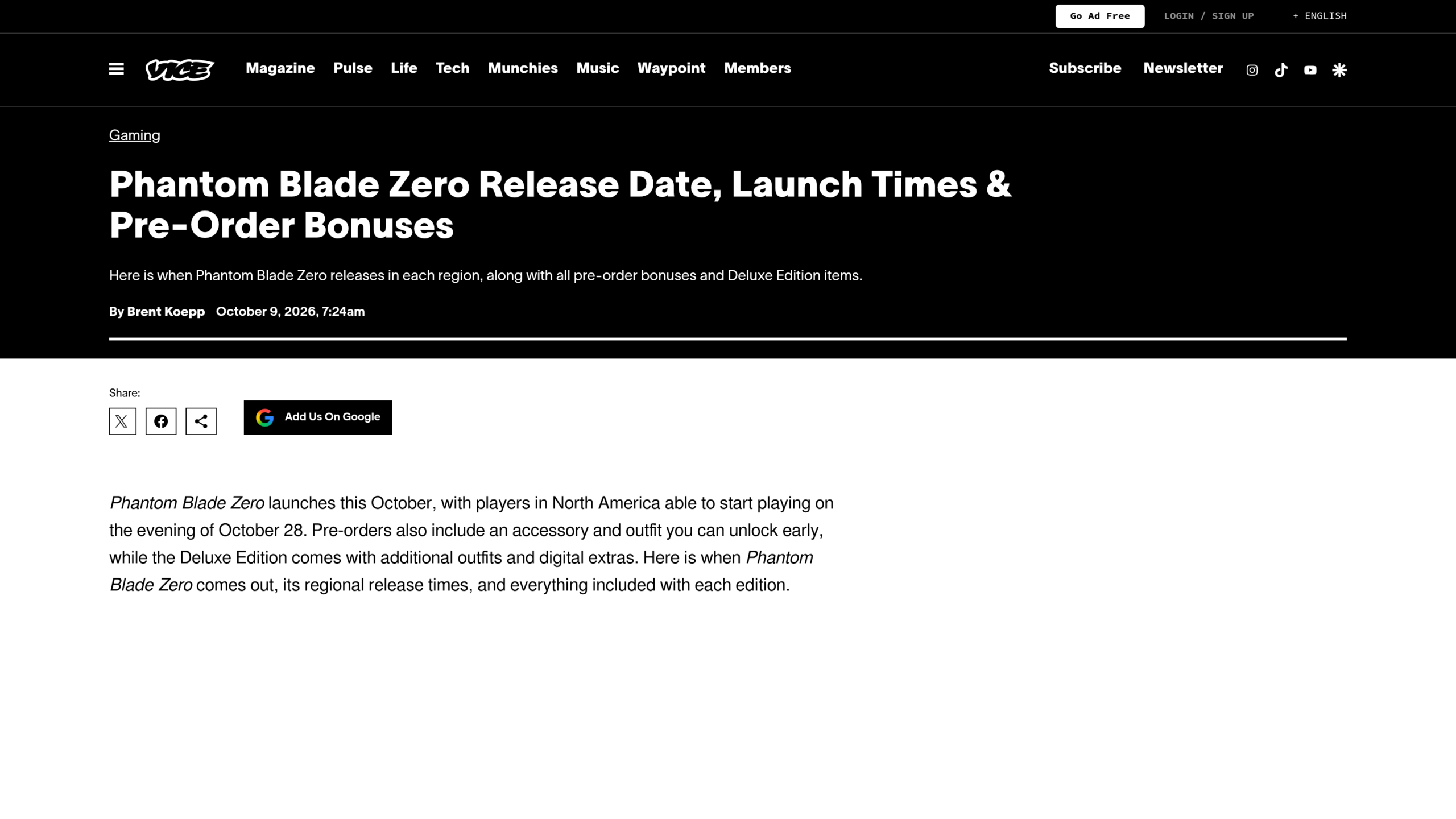 Article de Vice signé Brent Koepp le 9 octobre 2026, consacré à la date, aux horaires et aux bonus de précommande de Phantom Blade Zero
