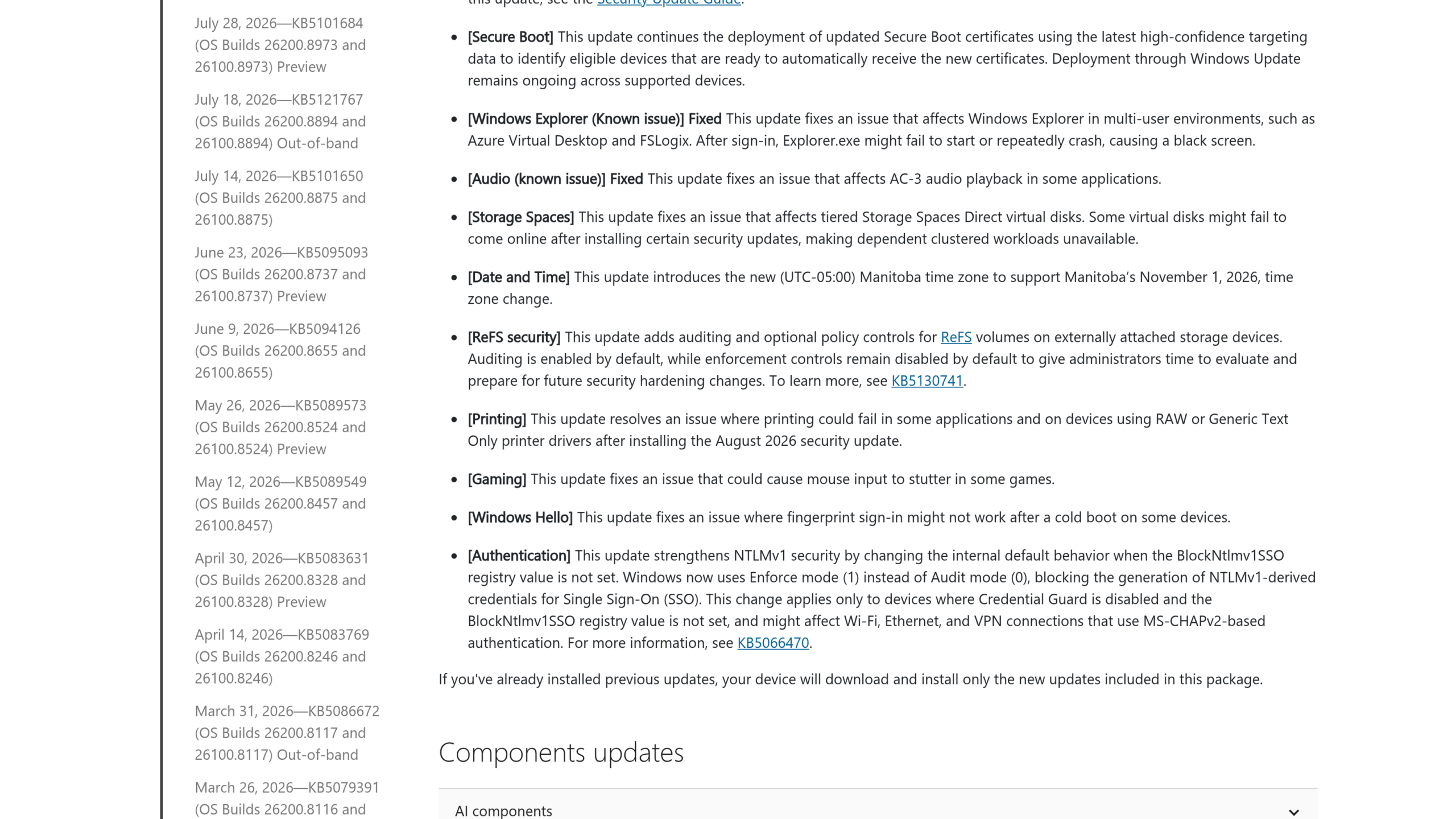 Liste des changements de KB5127648 sur le site de support de Microsoft, avec les lignes sur la lecture audio AC-3 et sur les saccades de souris dans les jeux