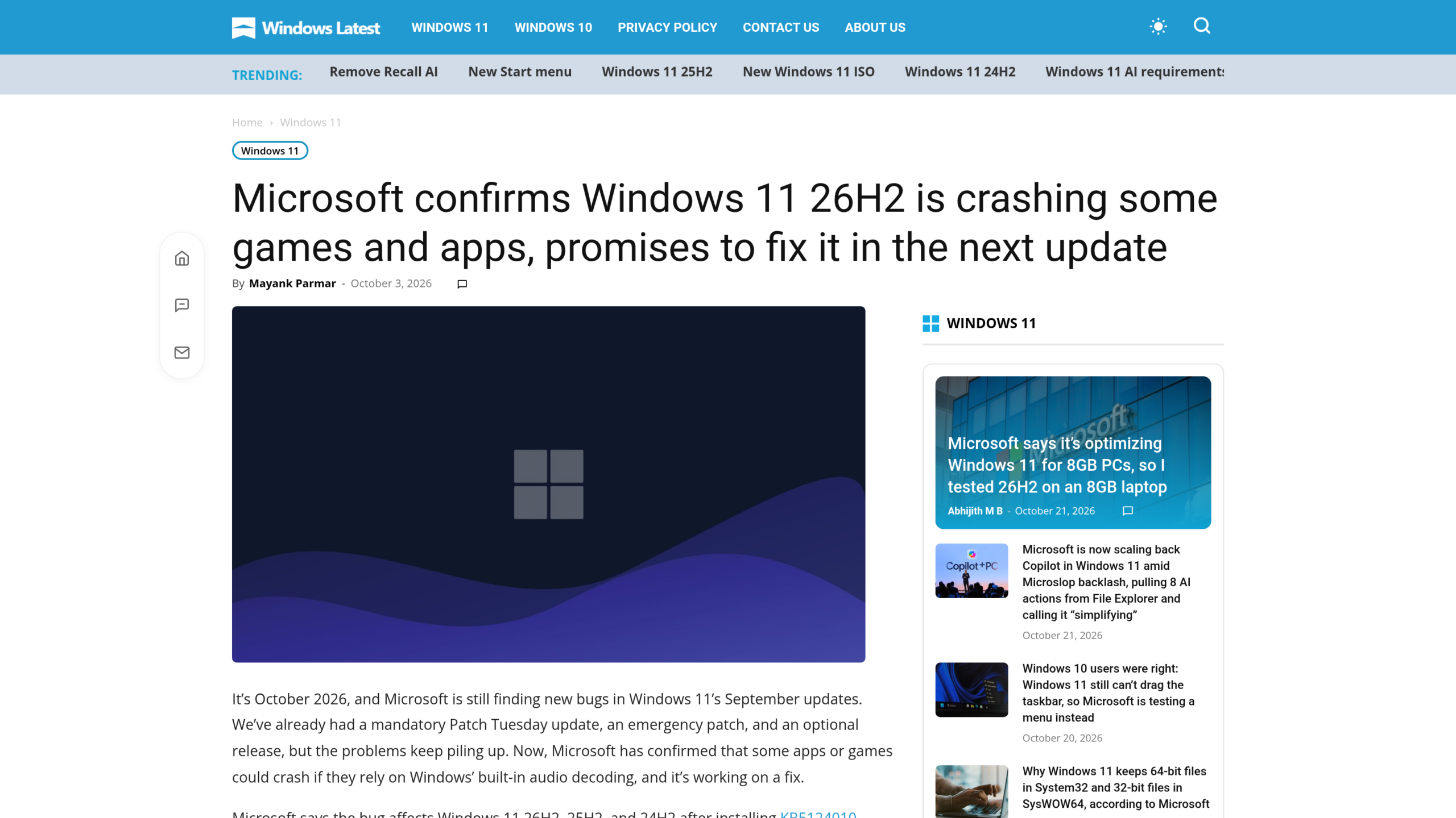 Article de Windows Latest signé Mayank Parmar le 3 octobre 2026, intitulé « Microsoft confirms Windows 11 26H2 is crashing some games and apps », avec le logo Windows sur fond sombre