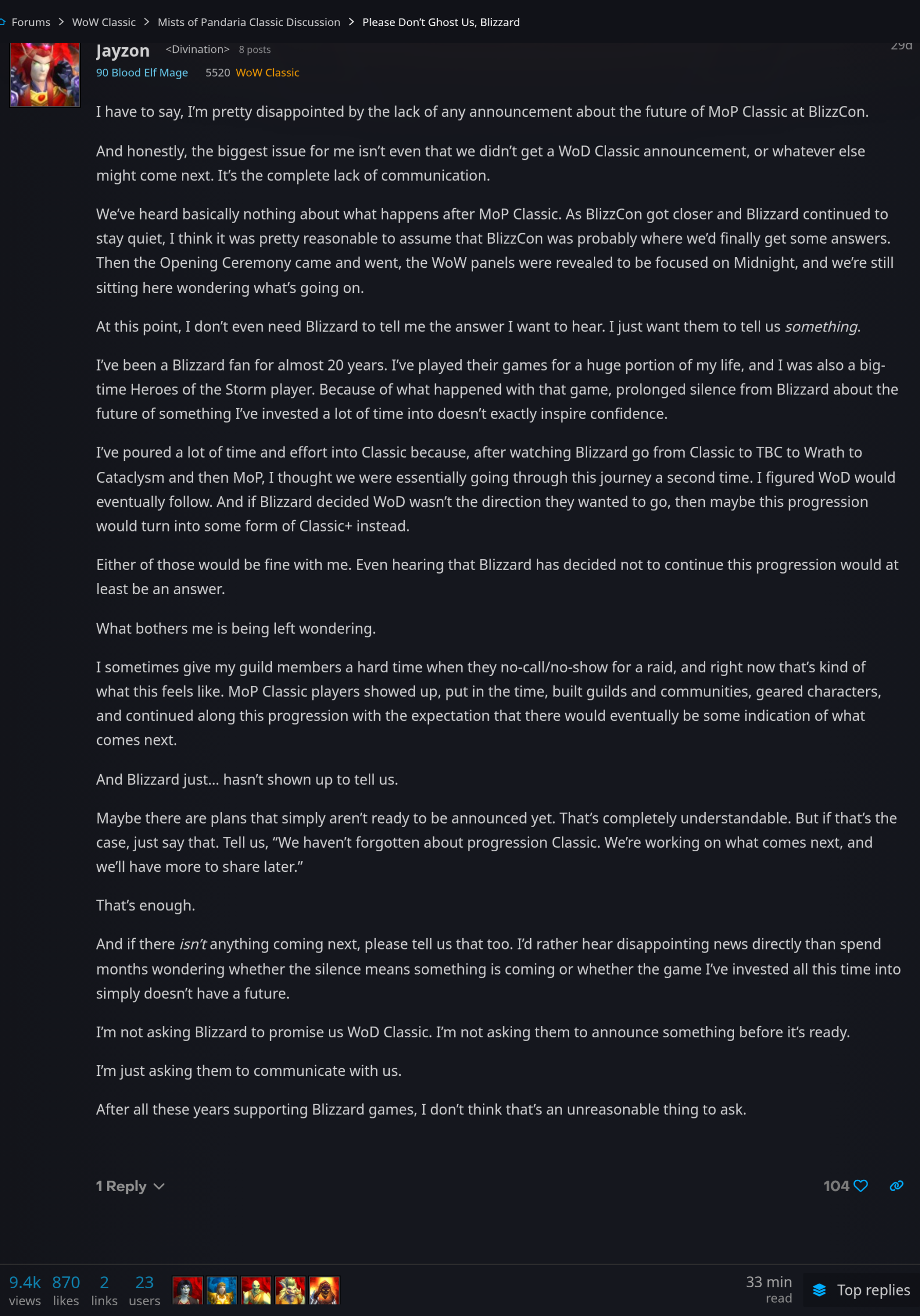 Message de Jayzon, mage elfe de sang niveau 90, sur le forum officiel de Mists of Pandaria Classic : il regrette l'absence d'annonce à la BlizzCon et demande à Blizzard de communiquer, 104 mentions j'aime et 9 400 vues