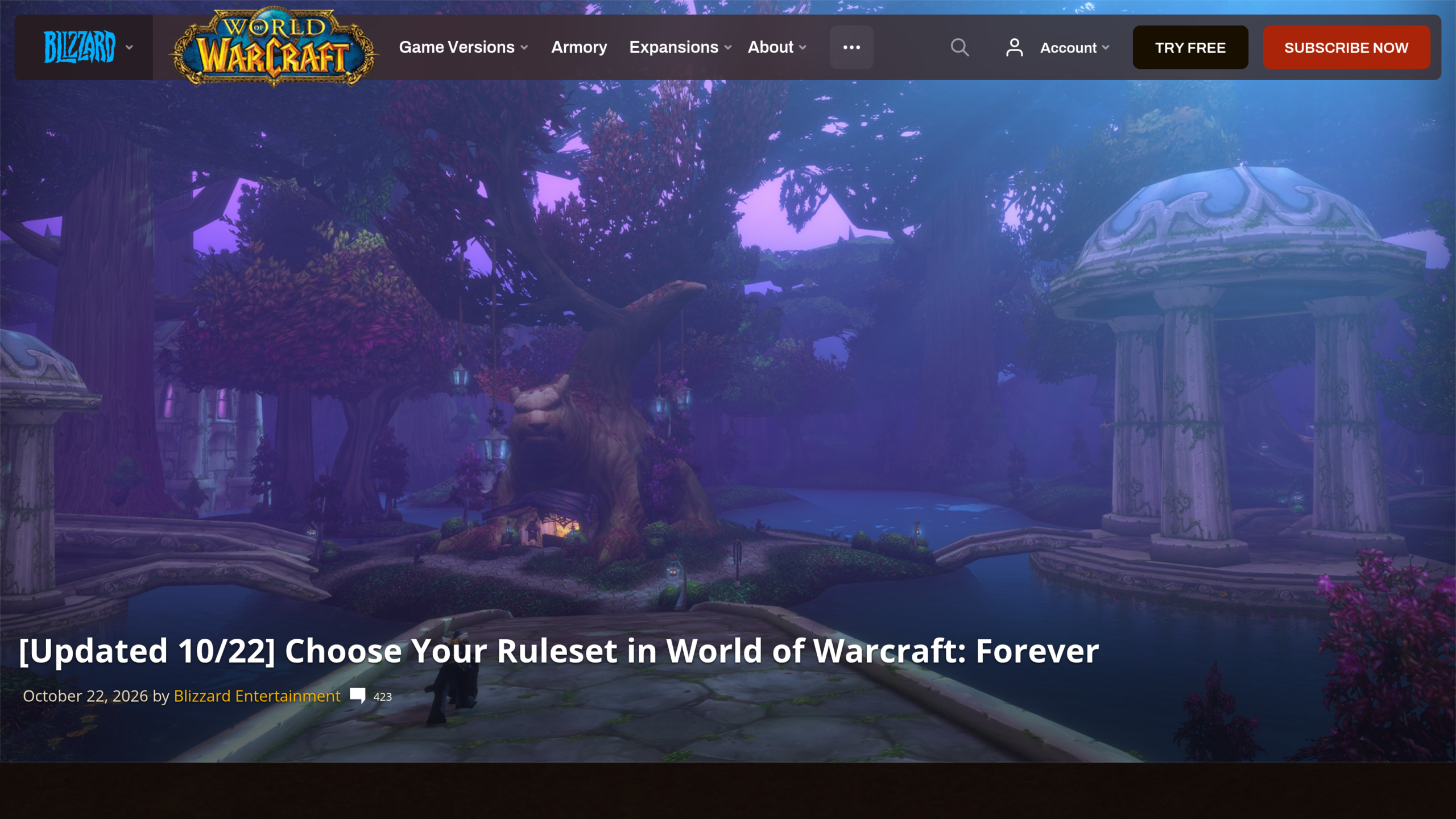 En-tête de l'article de Blizzard sur le choix de l'ensemble de règles : une allée de pierre entre des arbres aux feuilles violettes et un pavillon de marbre