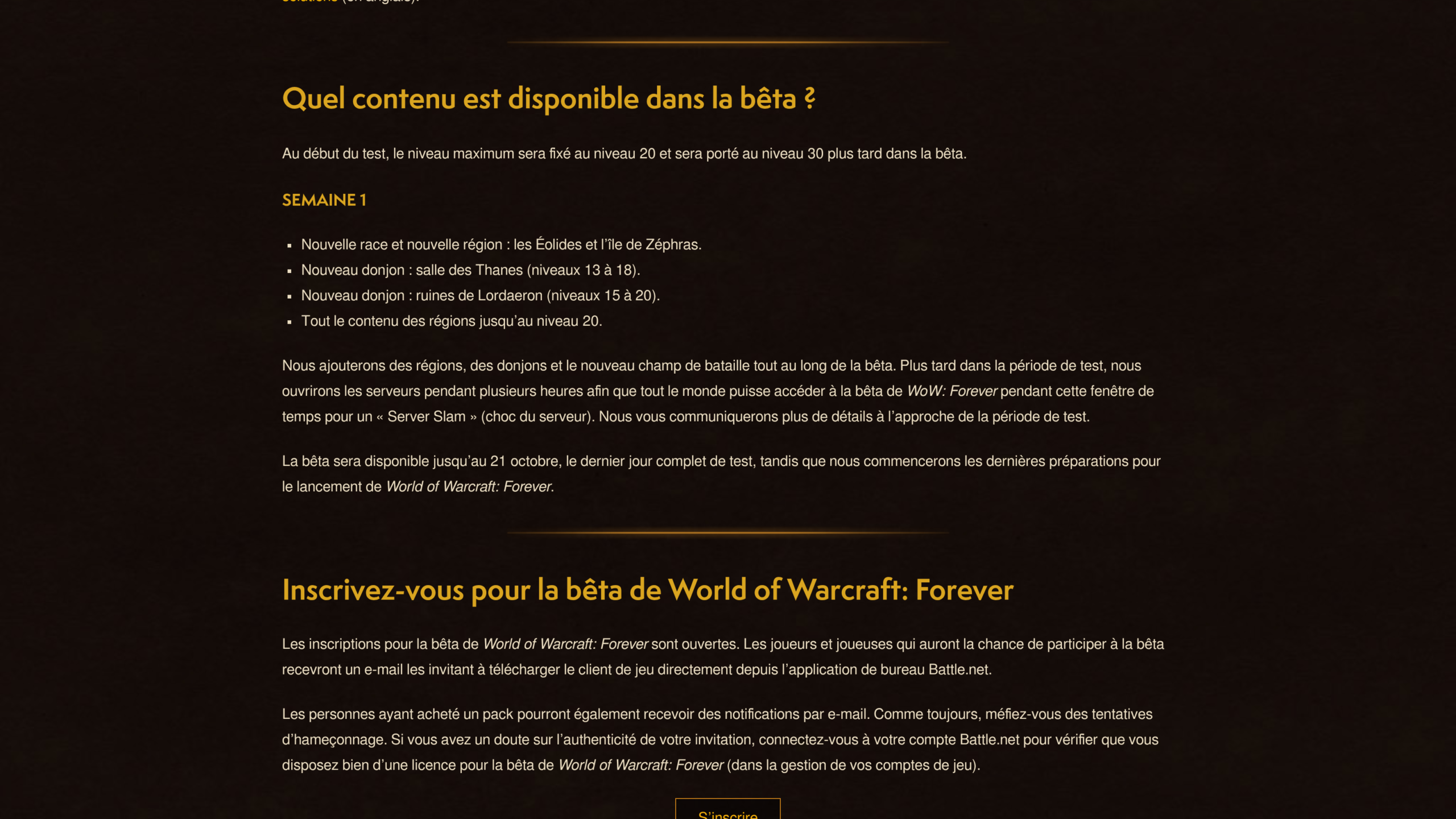 Capture de l'annonce Blizzard du 17 septembre 2026, section « Quel contenu est disponible dans la bêta ? » : niveau maximum 20 puis 30, bêta disponible jusqu'au 21 octobre