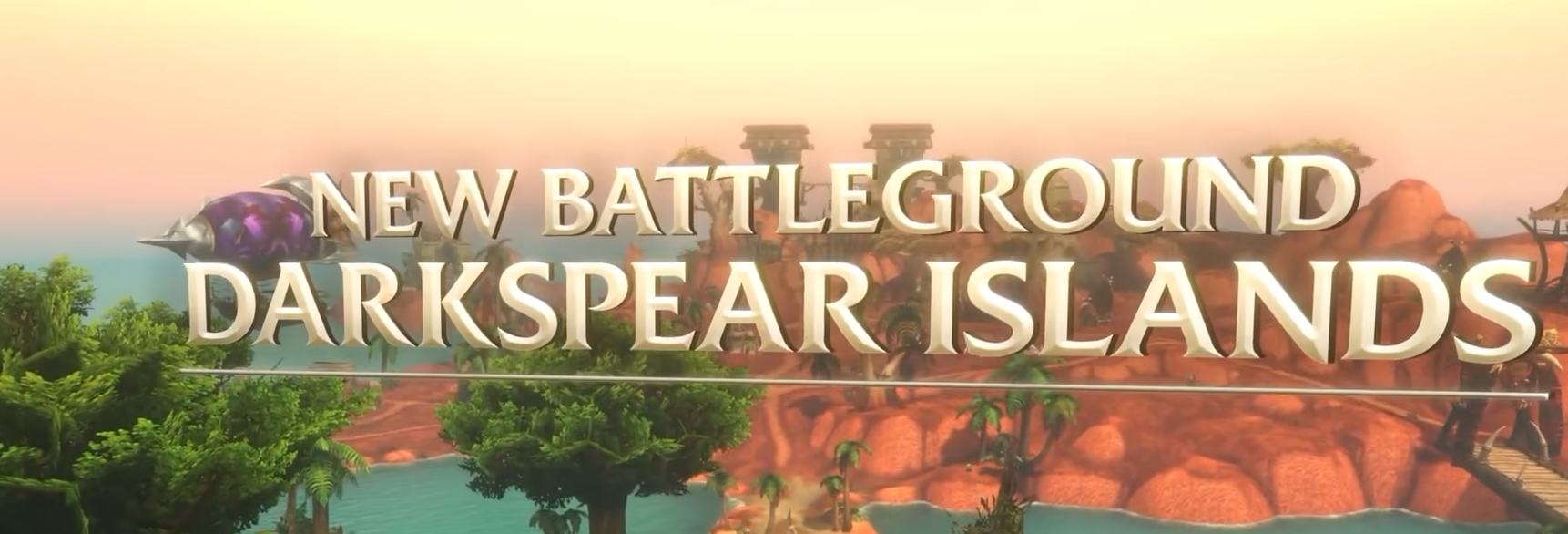 Écran-titre « New Battleground Darkspear Islands » devant une île tropicale aux falaises rouges