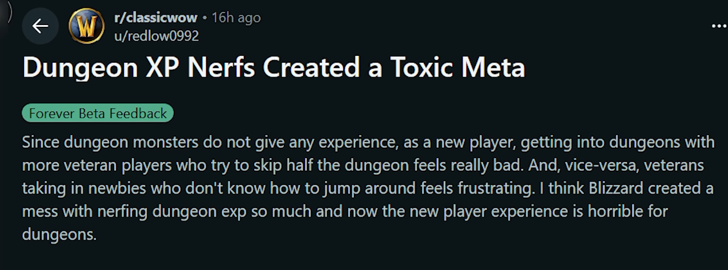 Publication du subreddit r/classicwow intitulée « Dungeon XP Nerfs Created a Toxic Meta », avec le tag Forever Beta Feedback