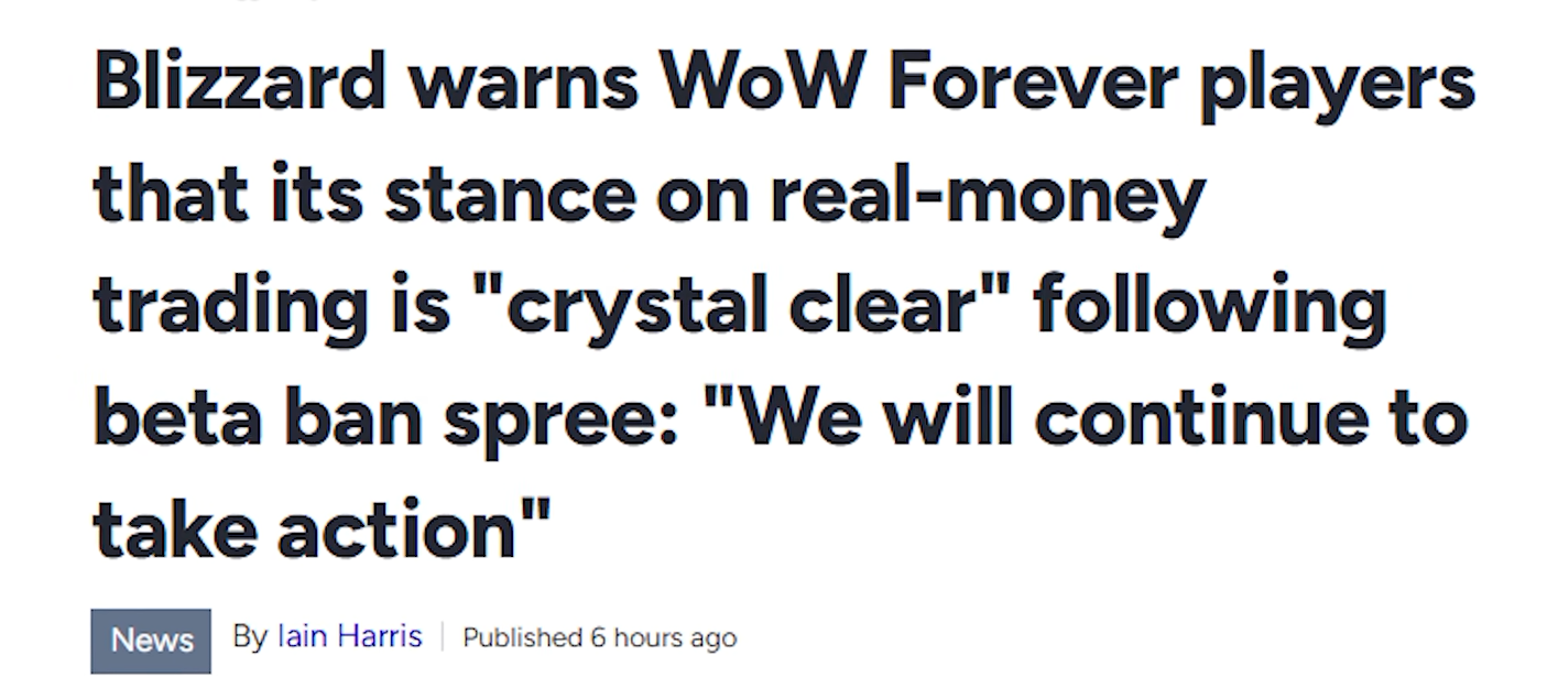 Titre d'un article de presse anglophone sur la position de Blizzard face au commerce d'or contre argent réel dans la bêta de WoW Forever