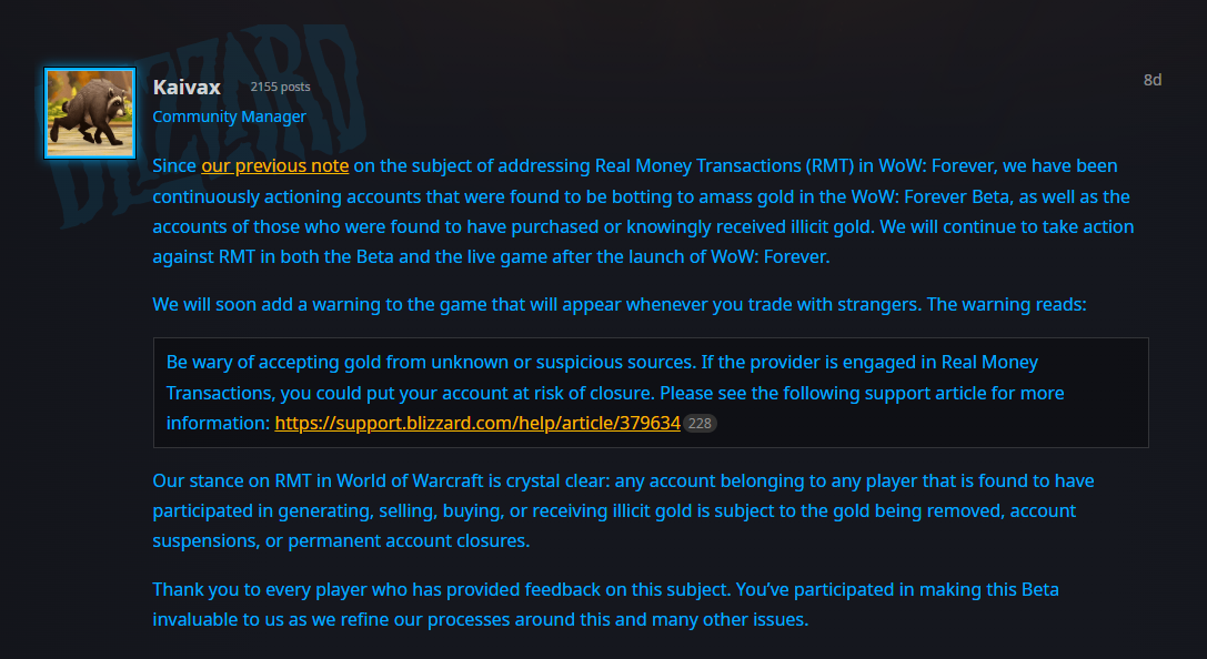 Message de Kaivax, Community Manager à l'avatar de raton laveur, sur le forum Blizzard, avec le texte de l'avertissement sur l'or encadré