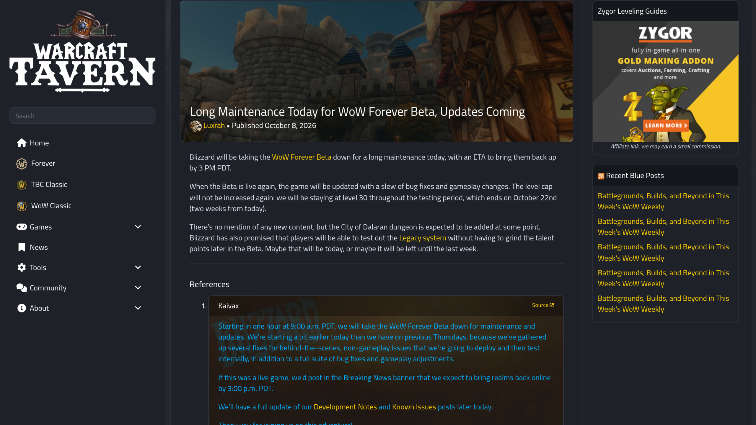 Article de Warcraft Tavern sur la longue maintenance de la bêta WoW Forever, avec le niveau 30 conservé, la période de test jusqu'au 22 octobre, le donjon de Dalaran attendu et le système d'Héritage promis, et un message de Kaivax cité