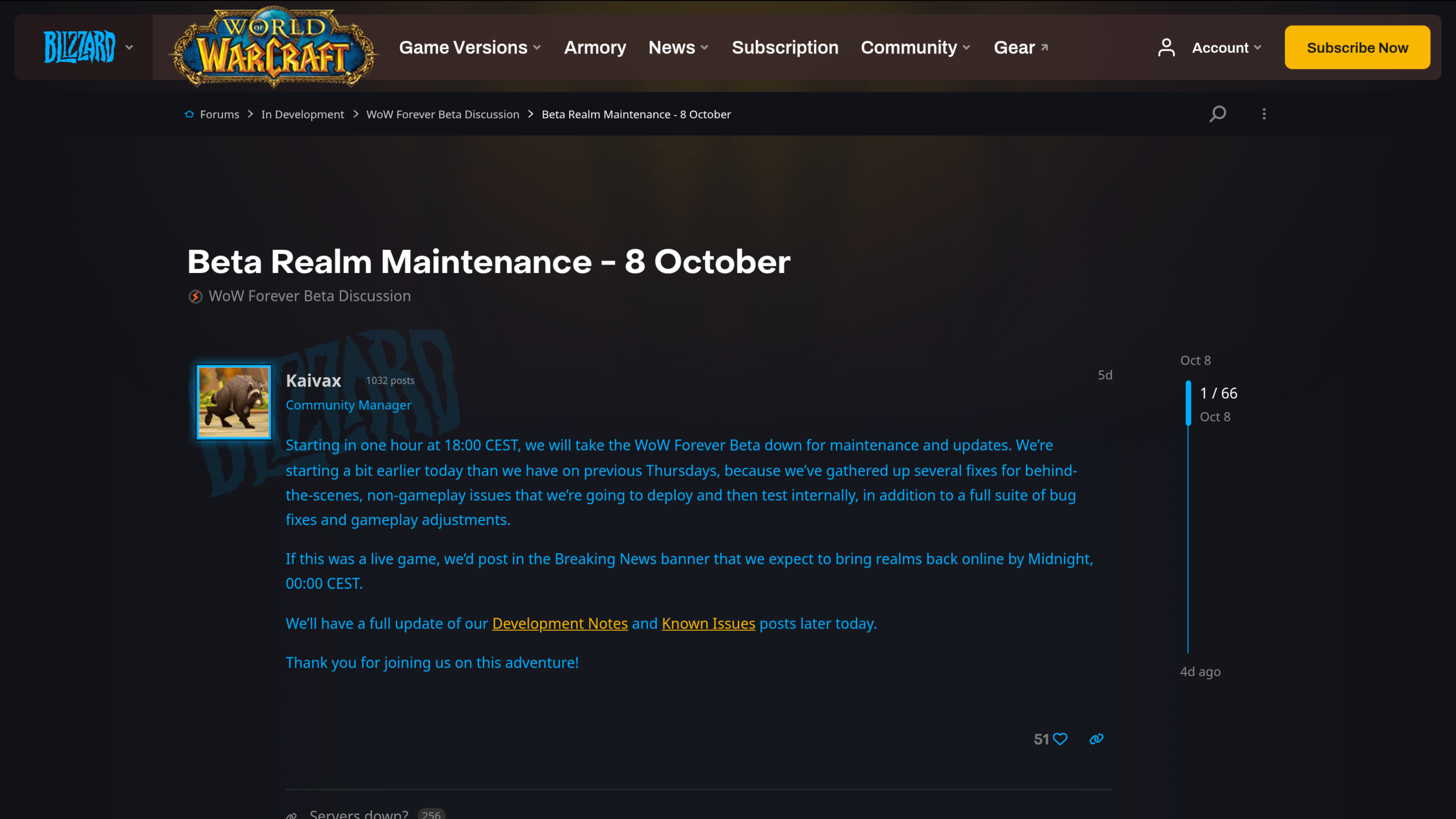 Message du forum Blizzard EU intitulé Beta Realm Maintenance - 8 October, signé Kaivax, community manager, annonçant la maintenance à 18 h CEST et un retour à minuit CEST, avec 51 mentions j'aime