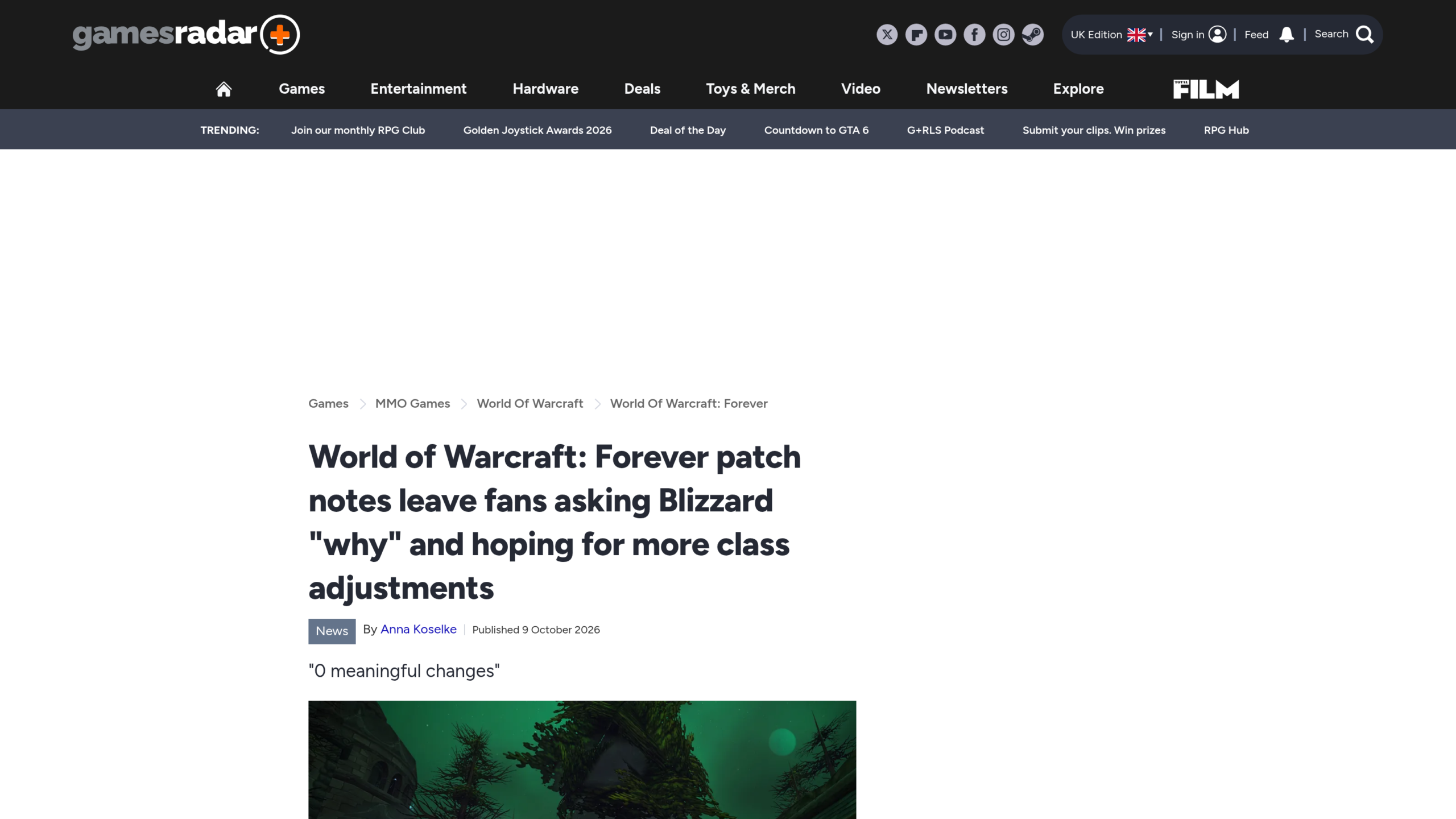 Article de GamesRadar+ du 9 octobre 2026 sur les notes de patch de WoW Forever et la réaction des joueurs, avec en chapô la citation 0 meaningful changes