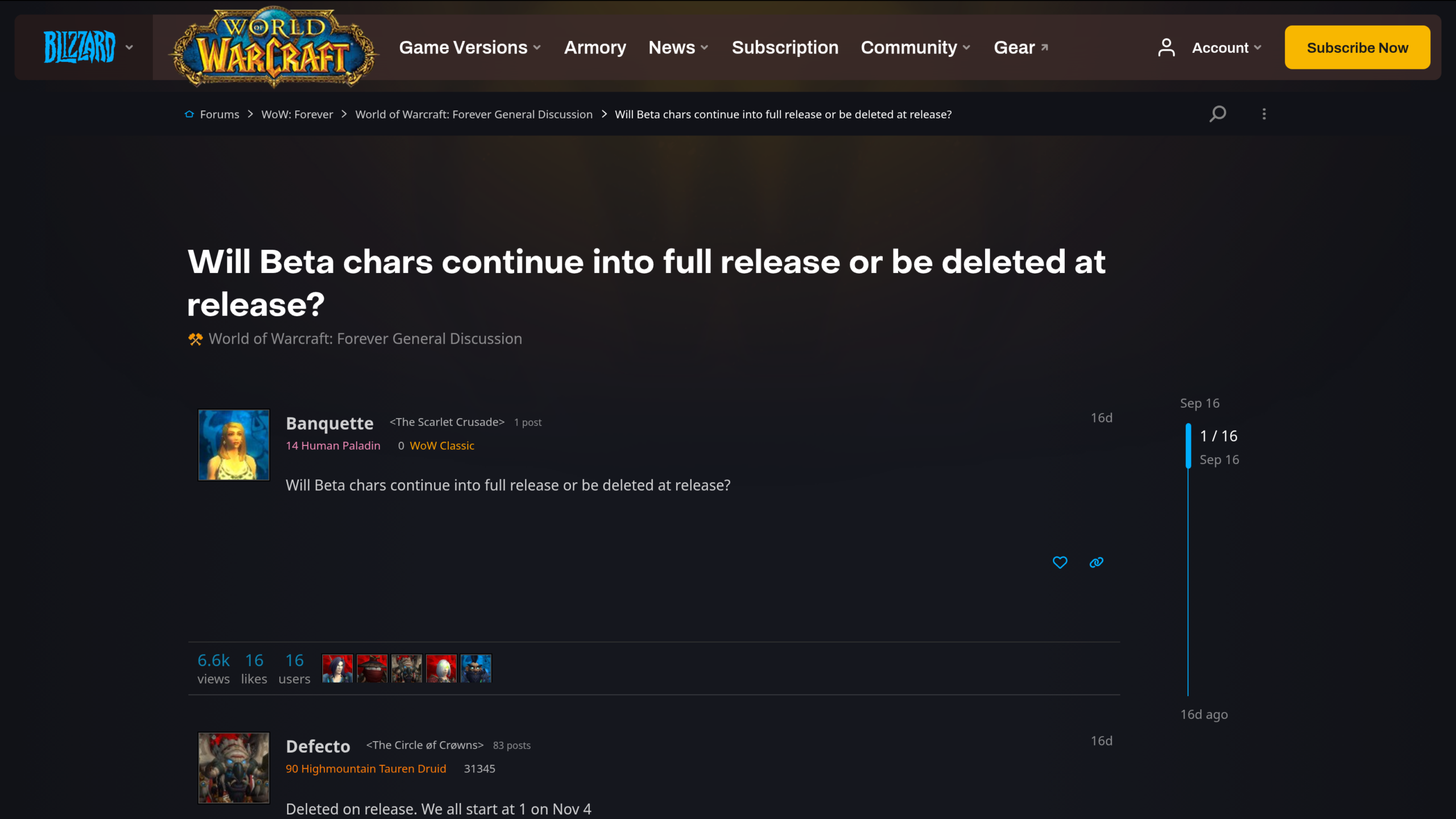 Capture du forum officiel Blizzard US : le sujet « Will Beta chars continue into full release or be deleted at release? » ouvert par Banquette le 16 septembre 2026, 6,6 k vues, avec la réponse de Defecto « Deleted on release. We all start at 1 on Nov 4 »