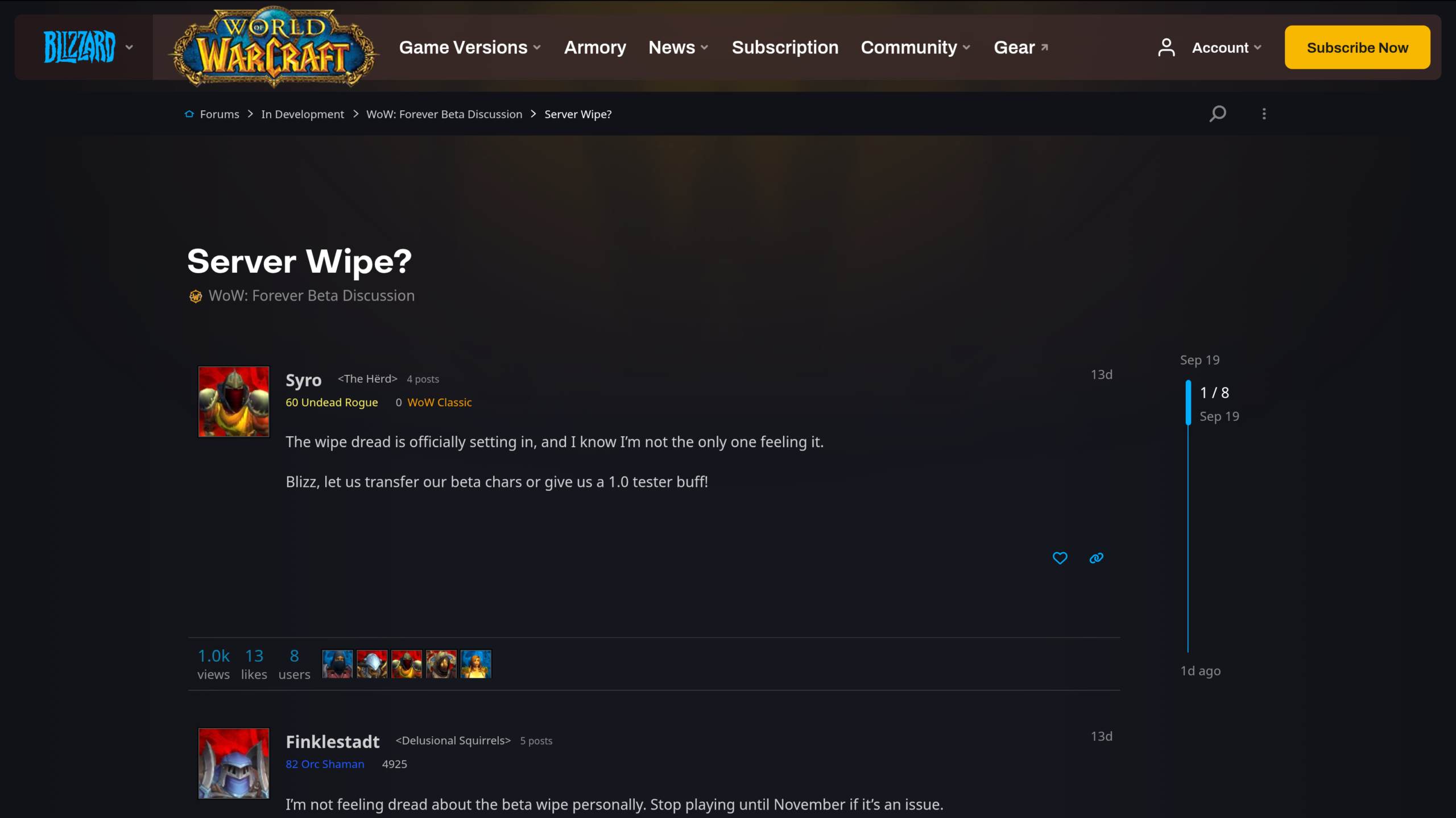 Capture du forum officiel Blizzard US : le sujet « Server Wipe? » de Syro daté du 19 septembre 2026, avec la réponse de Finklestadt