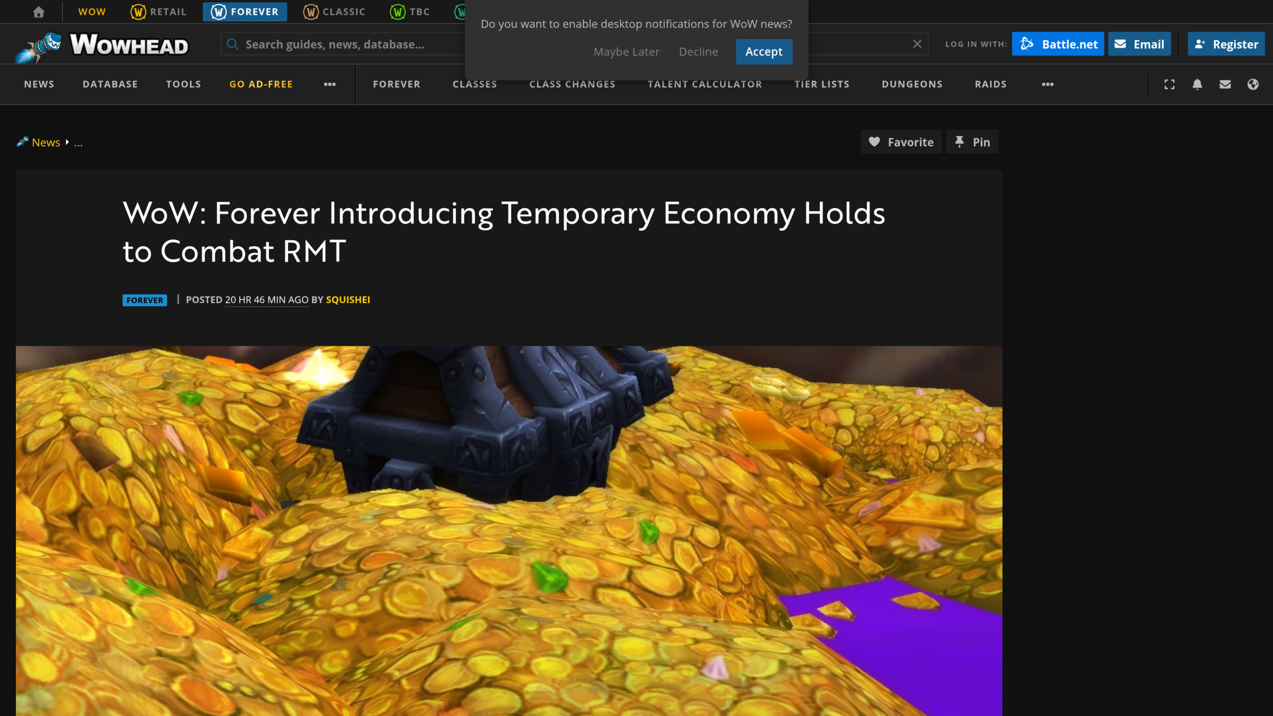 Page de Wowhead titrée WoW: Forever Introducing Temporary Economy Holds to Combat RMT, signée Squishei, illustrée par un coffre posé sur des montagnes de pièces d'or