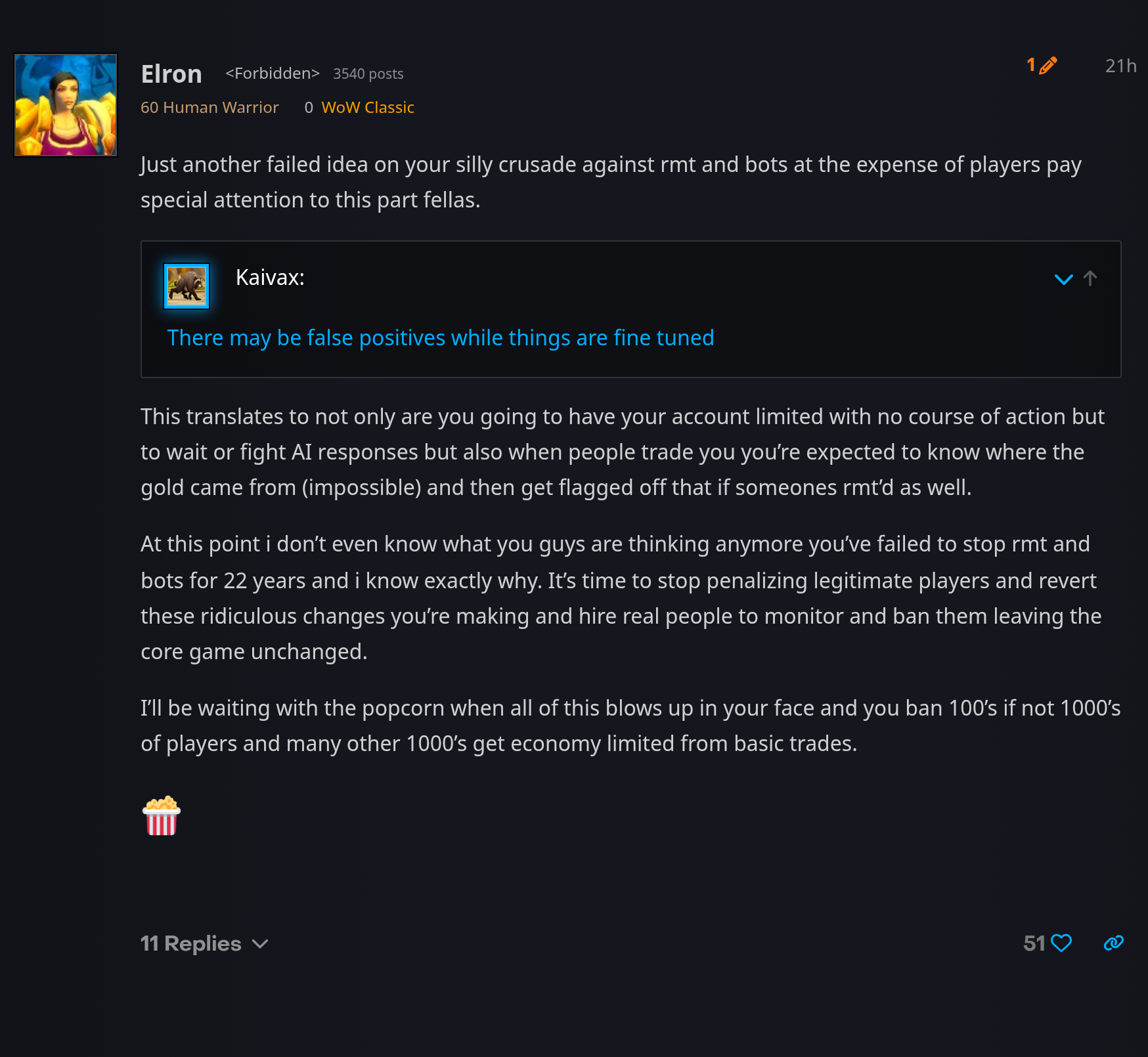 Réponse du joueur Elron sur le forum Blizzard, qui cite la phrase de Kaivax sur les faux positifs et prédit des milliers de comptes restreints, 51 « j'aime »
