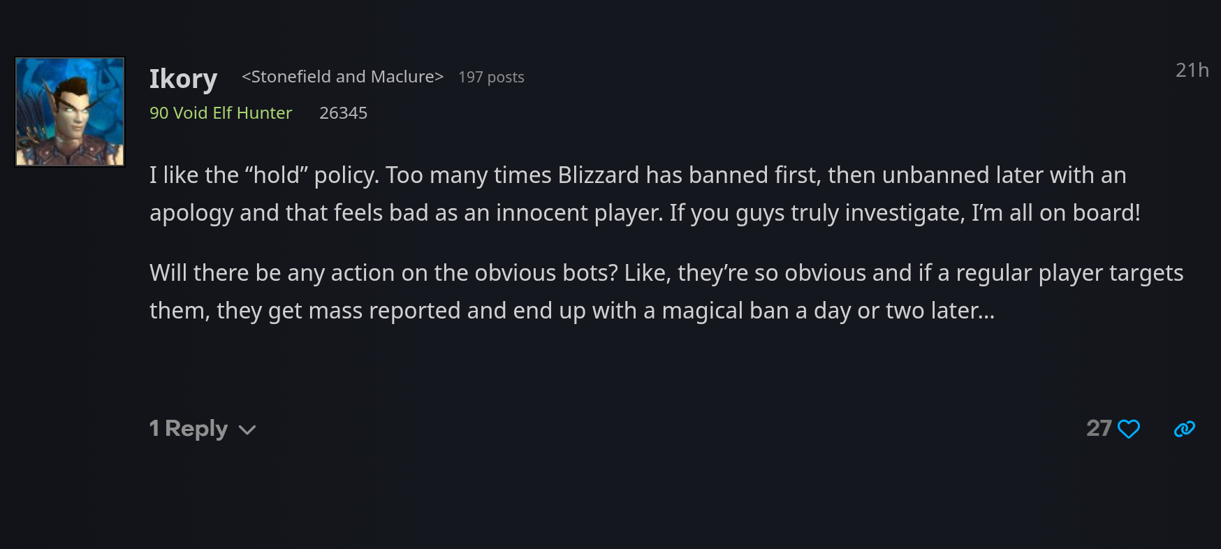 Réponse du joueur Ikory sur le forum Blizzard, favorable au gel avant sanction et qui réclame des mesures contre les bots, 27 « j'aime »
