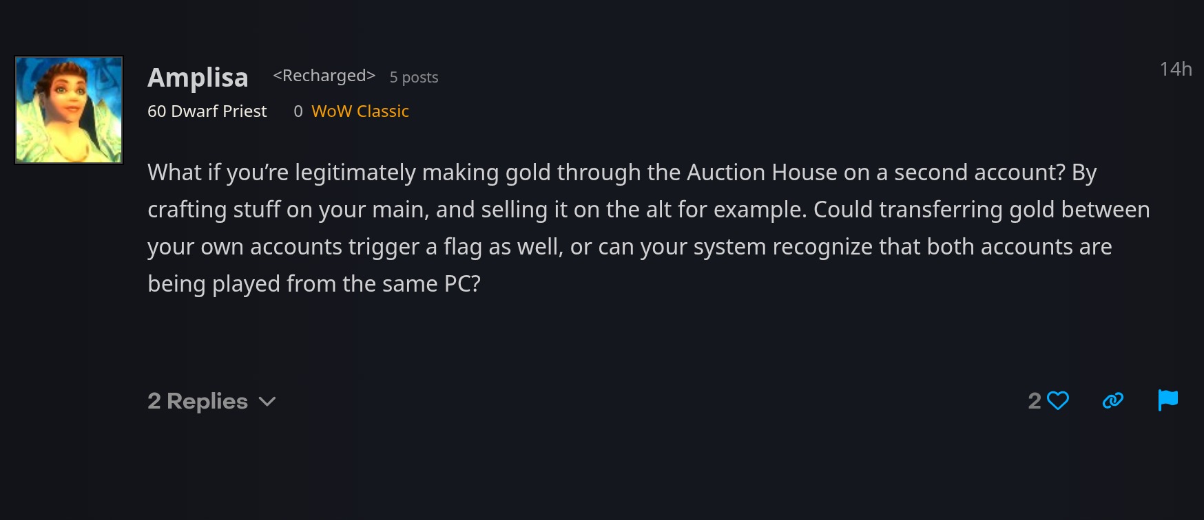 Question postée par Amplisa sur le forum européen de Blizzard : un transfert d'or entre deux comptes du même joueur peut-il déclencher le gel