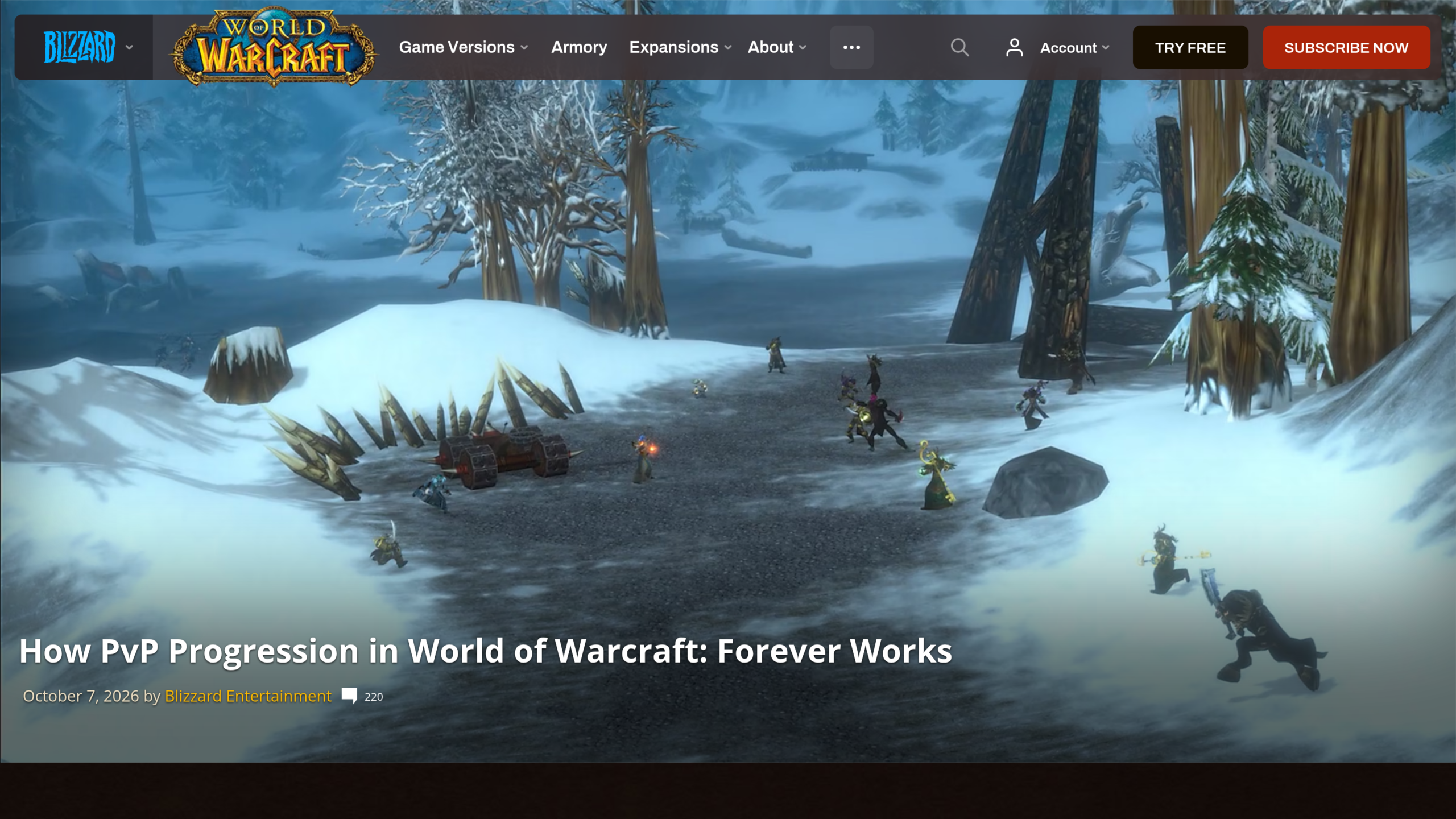 Bannière de l'article de Blizzard sur fond de champ de bataille enneigé, avec le titre How PvP Progression in World of Warcraft: Forever Works et la date du 7 octobre 2026