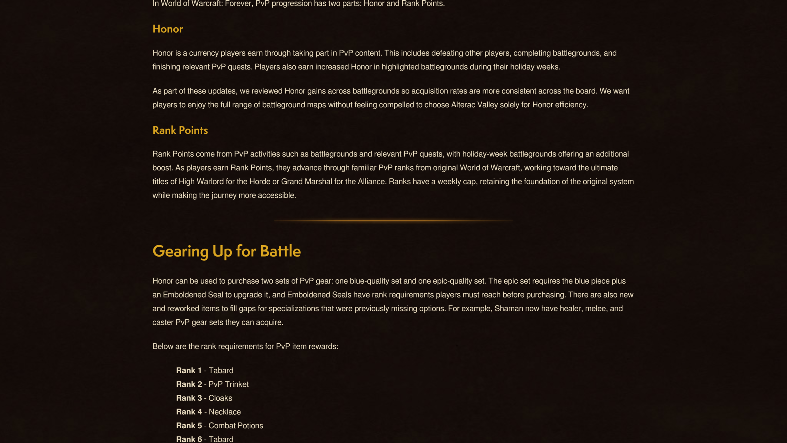 Extrait de l'article Blizzard sur fond sombre : sections Honor et Rank Points, puis début de la liste des récompenses de rang 1 à 6
