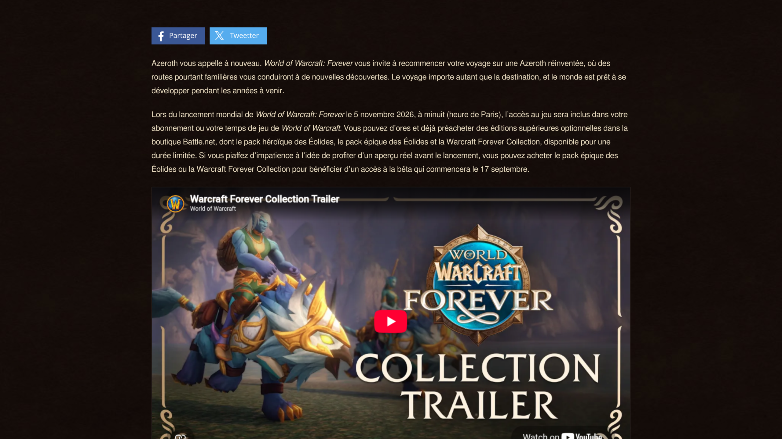 Capture de l'article Blizzard du 12 septembre 2026 qui annonce le lancement mondial de World of Warcraft: Forever le 5 novembre à minuit, heure de Paris