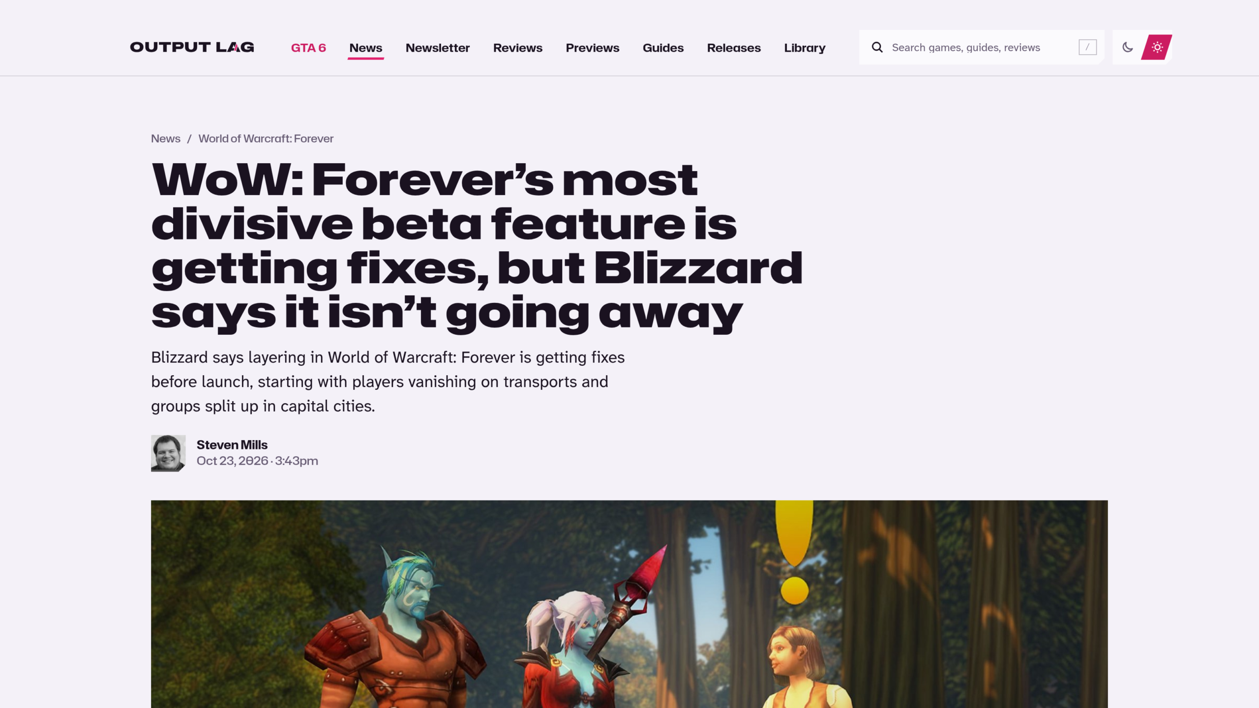 Article d'Output Lag intitulé « WoW: Forever's most divisive beta feature is getting fixes, but Blizzard says it isn't going away », signé Steven Mills