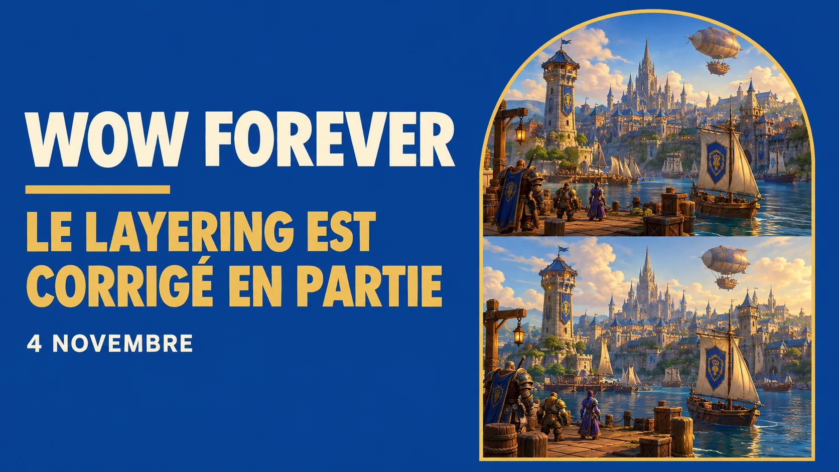 Layering WoW Forever : deux copies superposées d'un même port, avec des joueurs répartis entre les deux et le texte « Le layering est corrigé en partie »