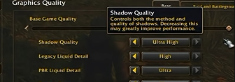 Menu des graphismes WoW Forever avec la Qualité des ombres en Ultra High et les réglages d'eau Legacy et PBR