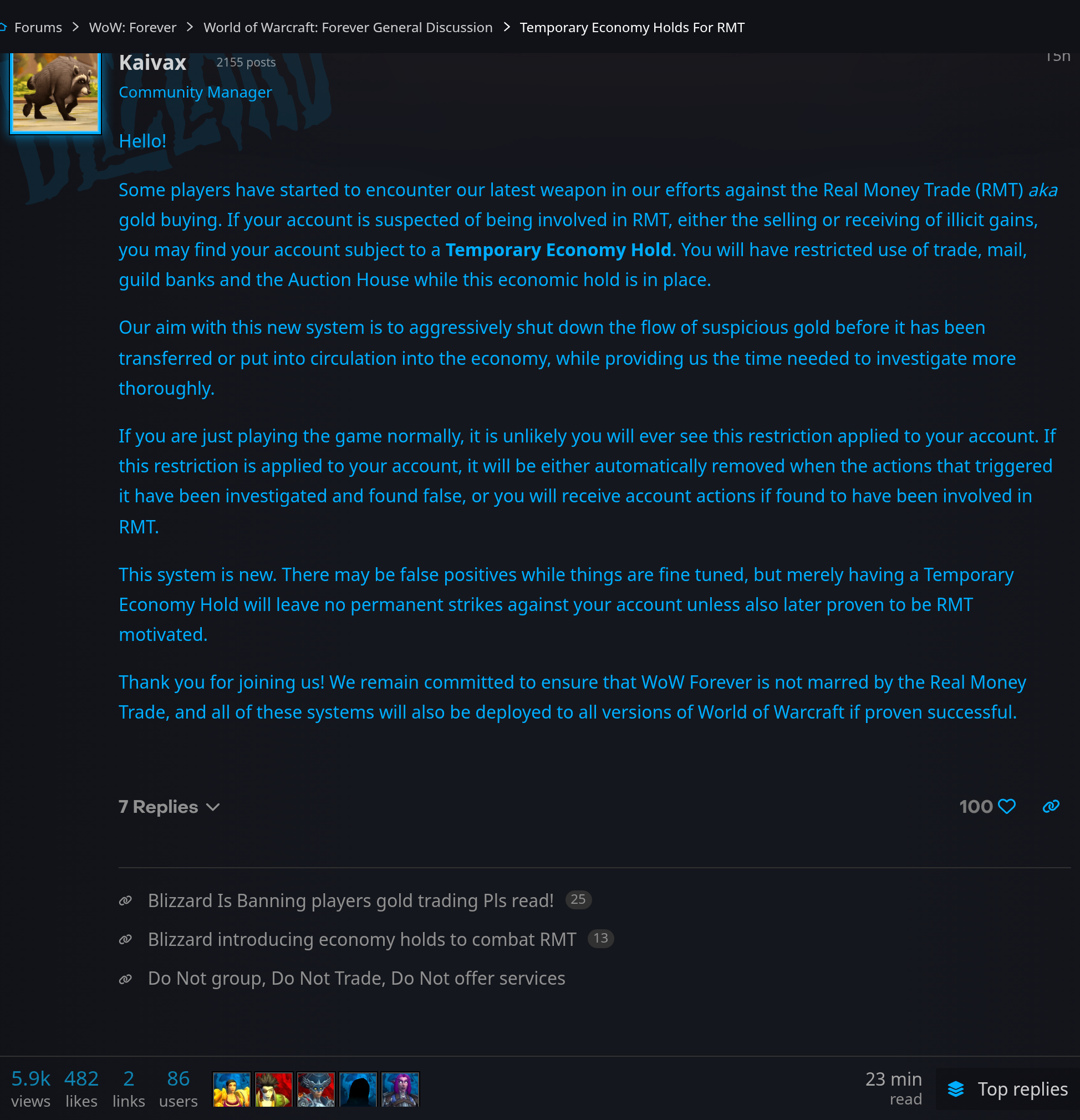 Message de Kaivax, Community Manager de Blizzard, sur le forum WoW Forever annonçant le Temporary Economy Hold contre l'achat et la vente d'or