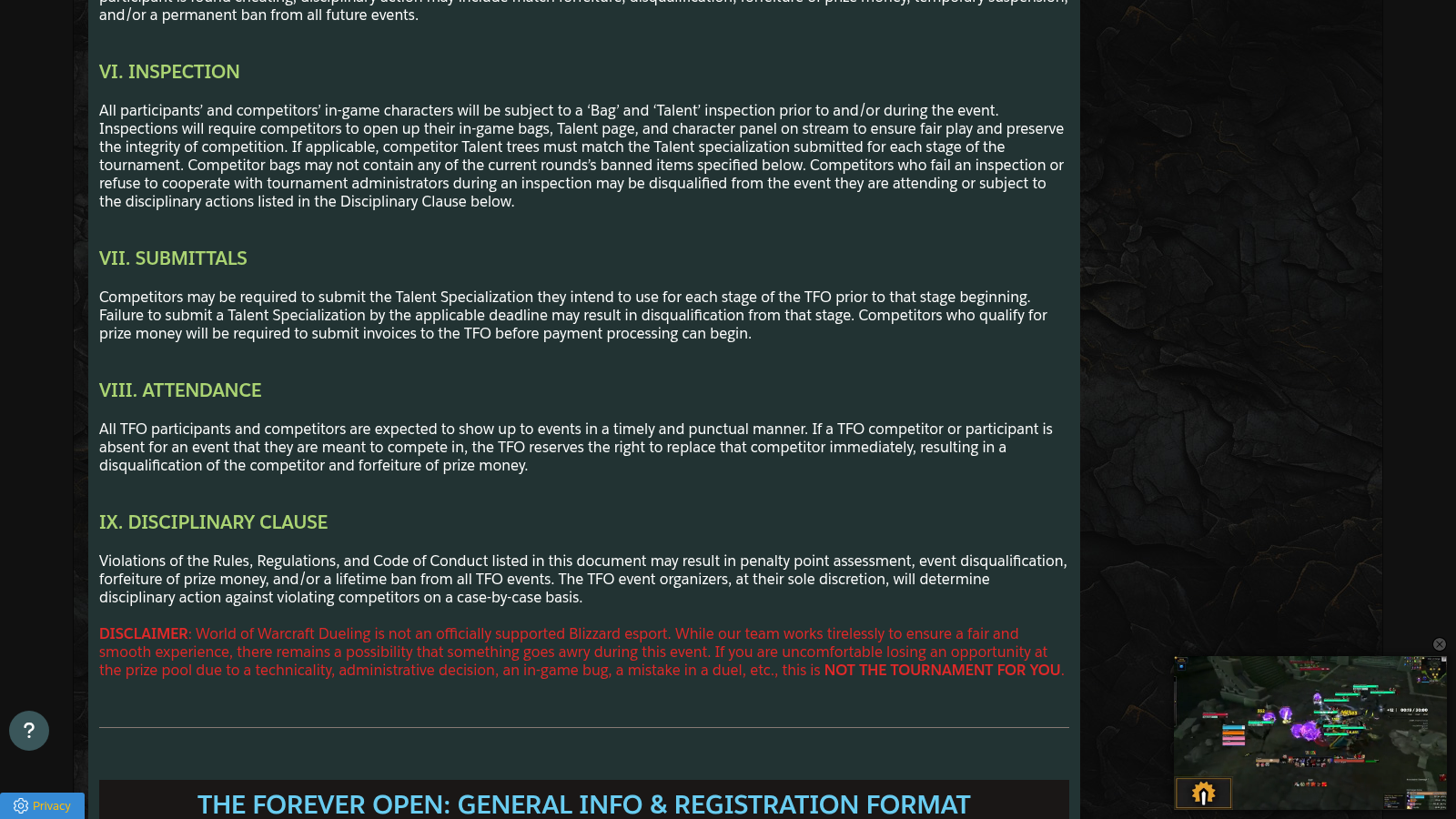 Extrait du règlement du Forever Open sur Raider.IO : sections Inspection, Submittals, Attendance et Disciplinary Clause, avec l'avertissement en rouge sur les bugs du jeu