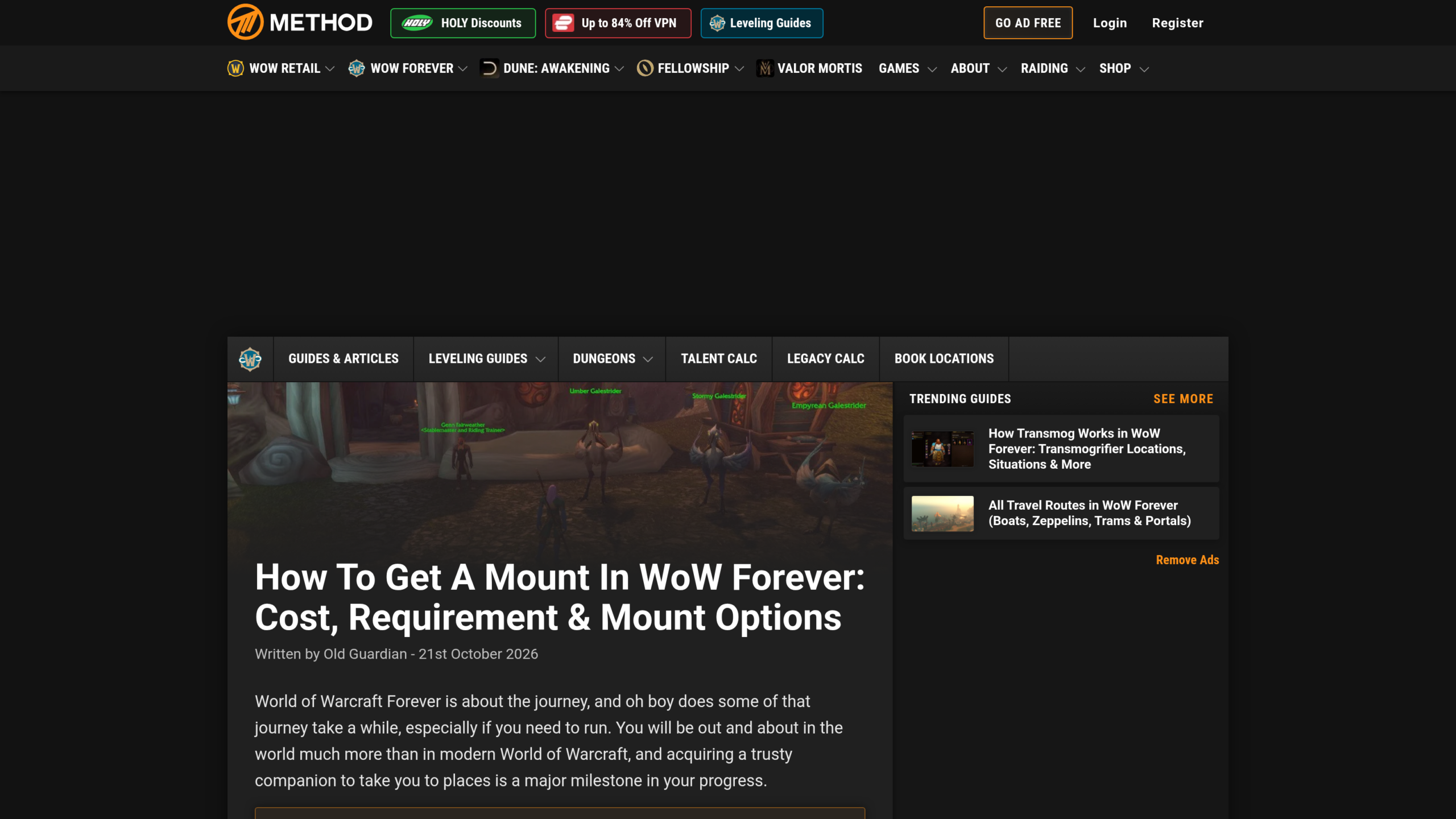 Page du site Method avec le titre du guide sur l'obtention d'une monture, signé Old Guardian le 21 octobre 2026, et une capture de jeu où un maître de monte est entouré de galopeurs