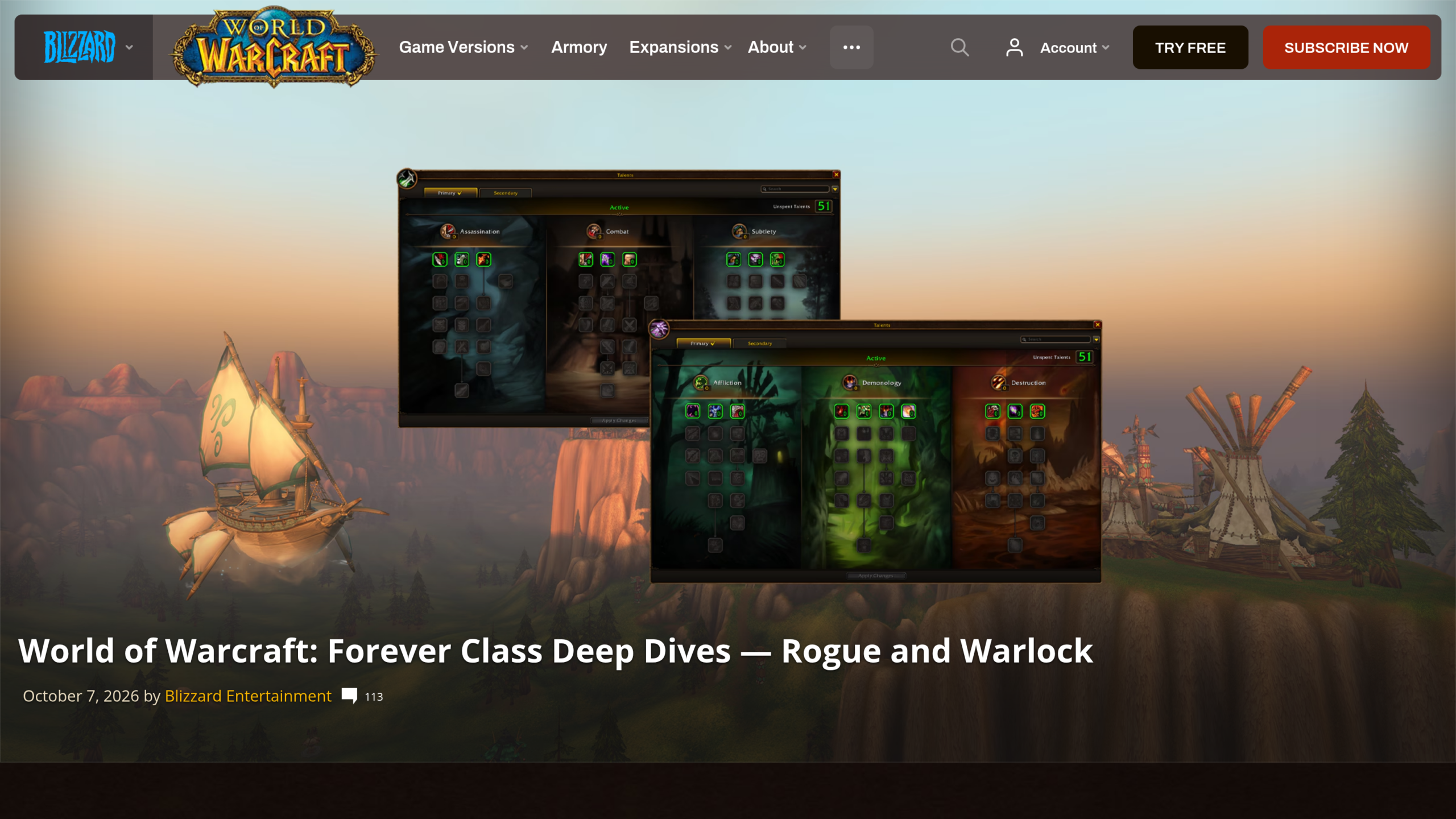 Page de Blizzard Entertainment du 7 octobre 2026 intitulée Class Deep Dives, Rogue and Warlock, avec deux fenêtres de talents superposées montrant les arbres voleur et démoniste