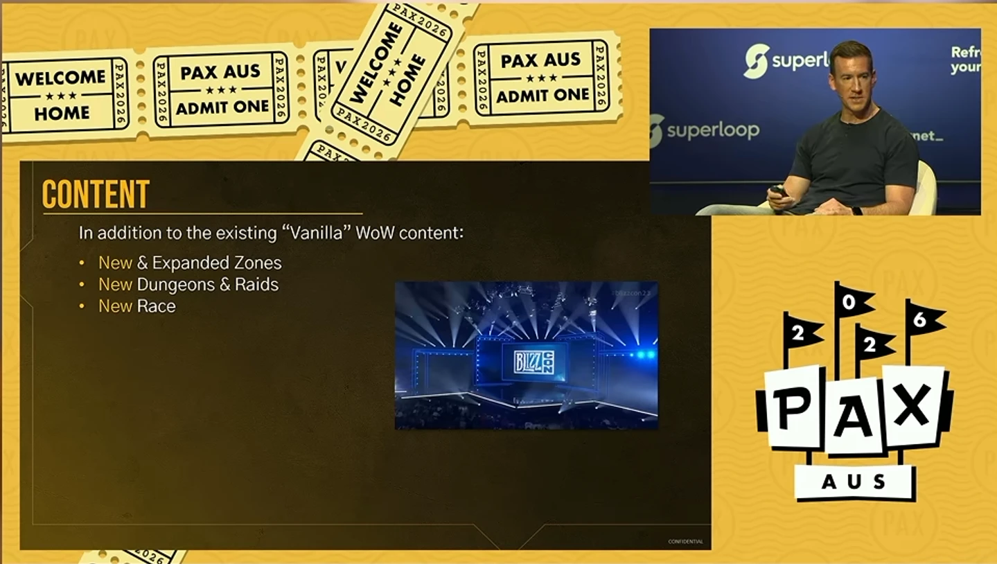 Diapositive intitulée Content : nouvelles zones et zones agrandies, nouveaux donjons et raids, nouvelle race, avec Clay Stone en incrustation