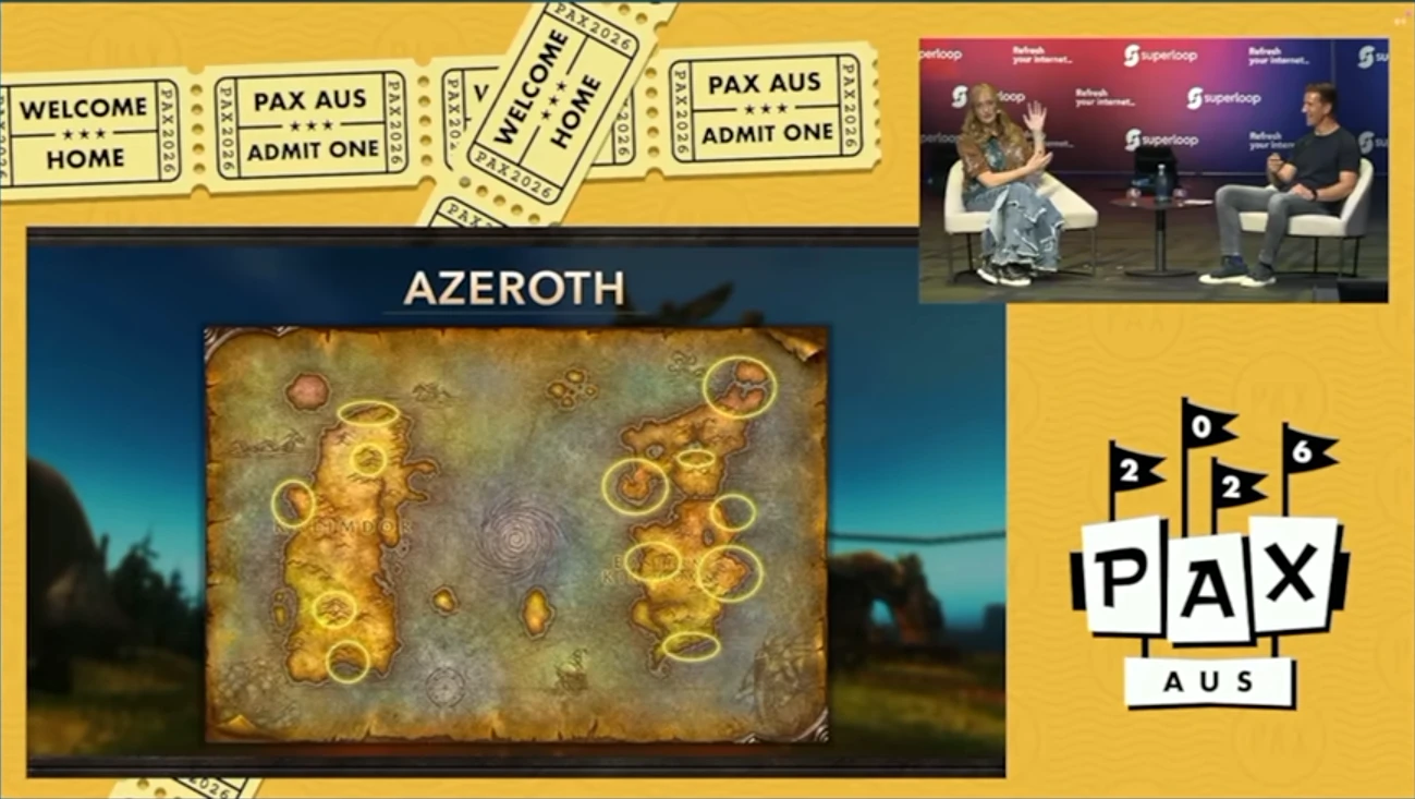Carte des deux continents d'Azeroth marquée d'une quinzaine de cercles jaunes, avec Holly Longdale et Clay Stone en incrustation
