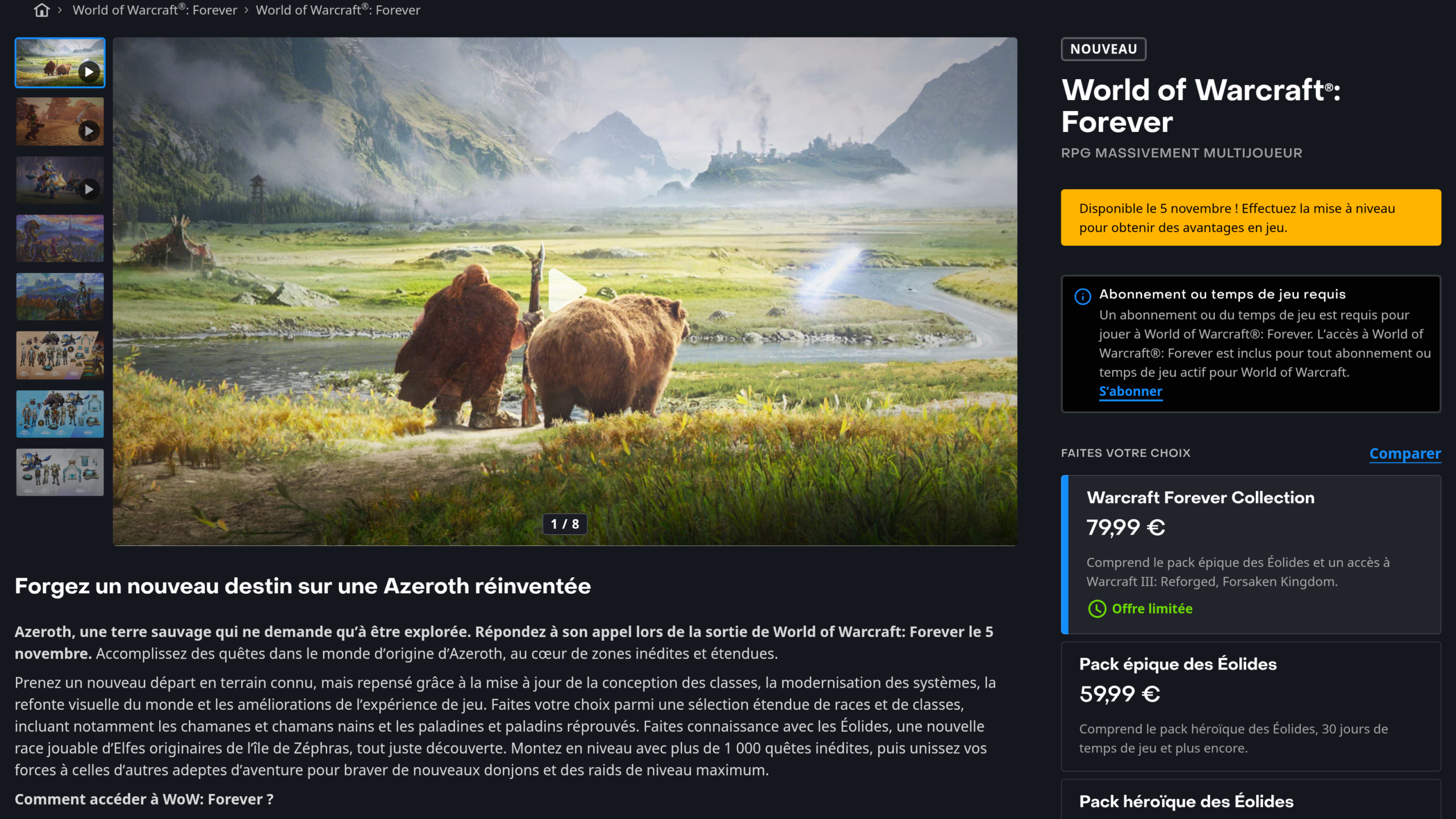Page World of Warcraft: Forever de la boutique Battle.net : un encart sur l'abonnement requis, puis la Warcraft Forever Collection à 79,99 euros et le pack épique des Éolides à 59,99 euros