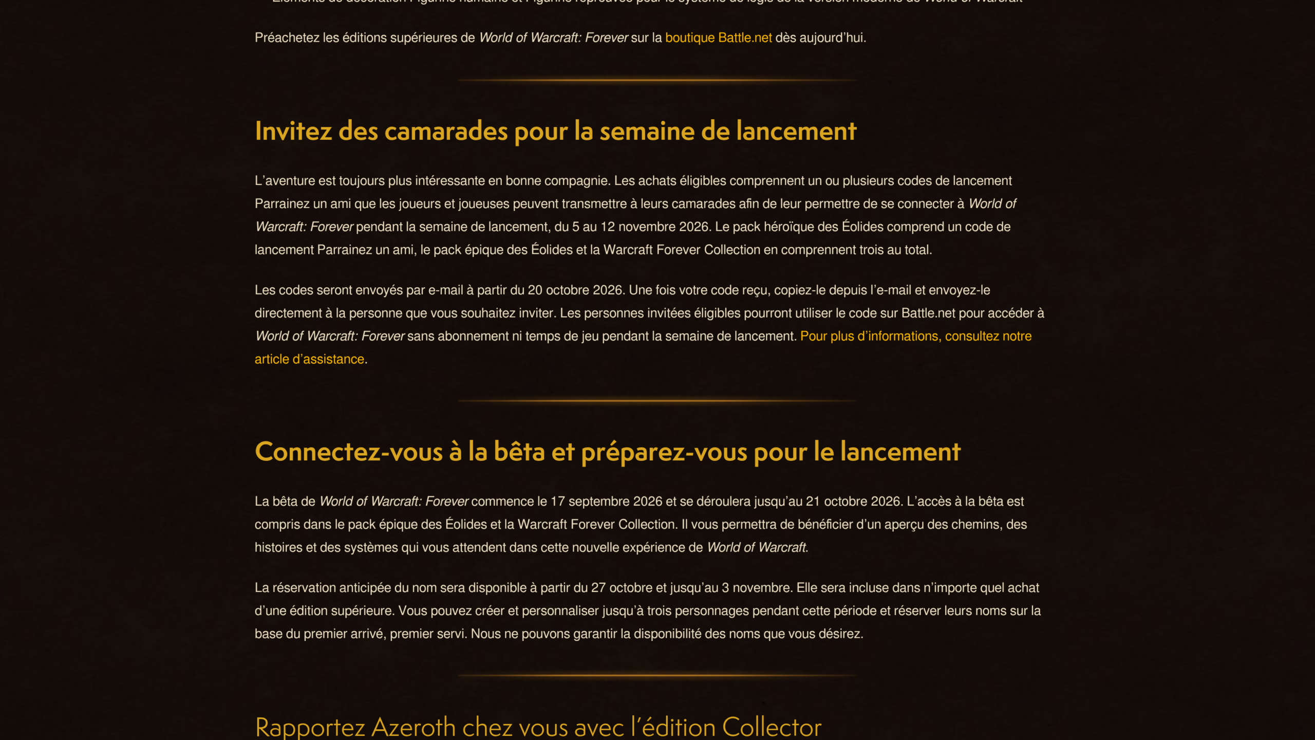 Capture de l'article Blizzard du 12 septembre 2026, section « Connectez-vous à la bêta et préparez-vous pour le lancement » : le paragraphe annonce la réservation anticipée des noms du 27 octobre au 3 novembre, sans garantie de disponibilité