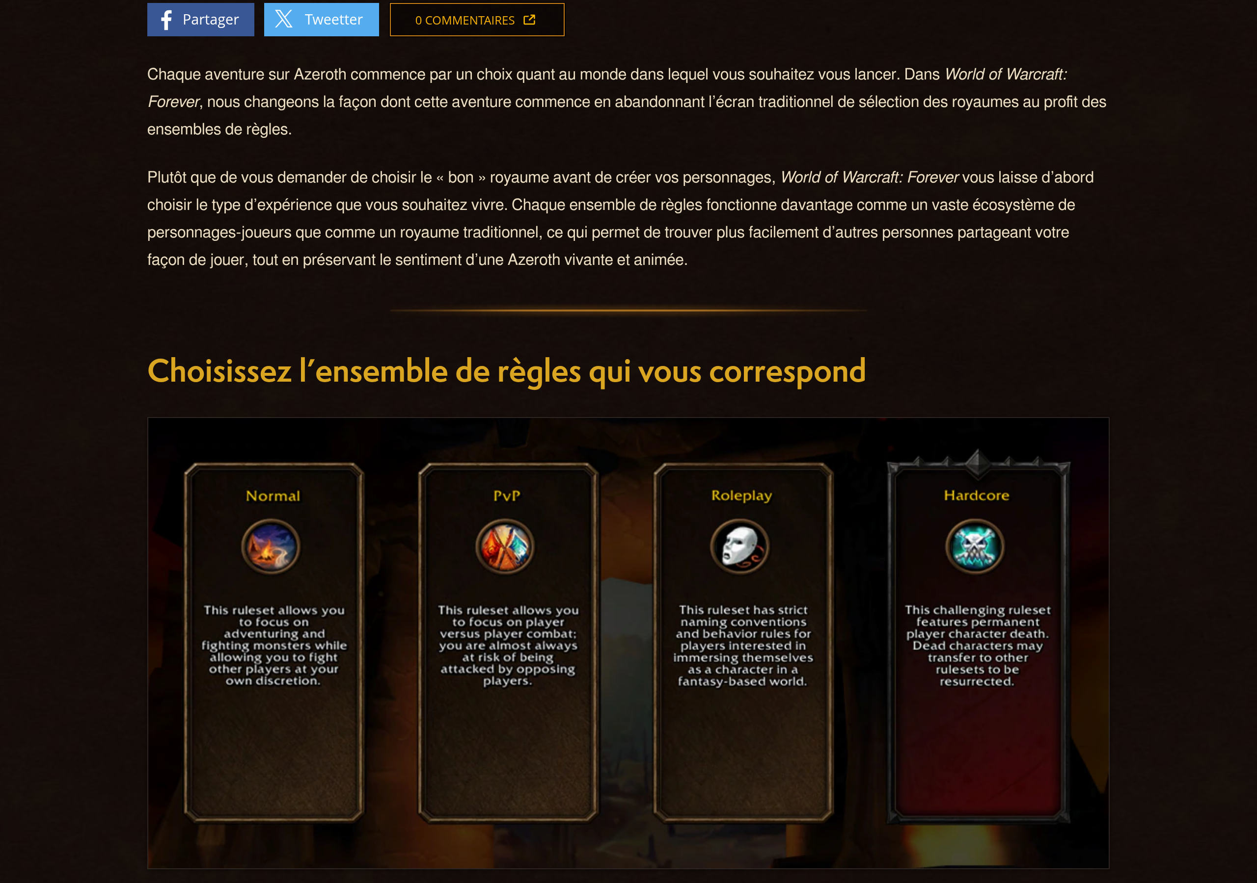 Page Blizzard « Choisissez l'ensemble de règles qui vous correspond » avec quatre cartes : Normal, PvP, Roleplay et Hardcore