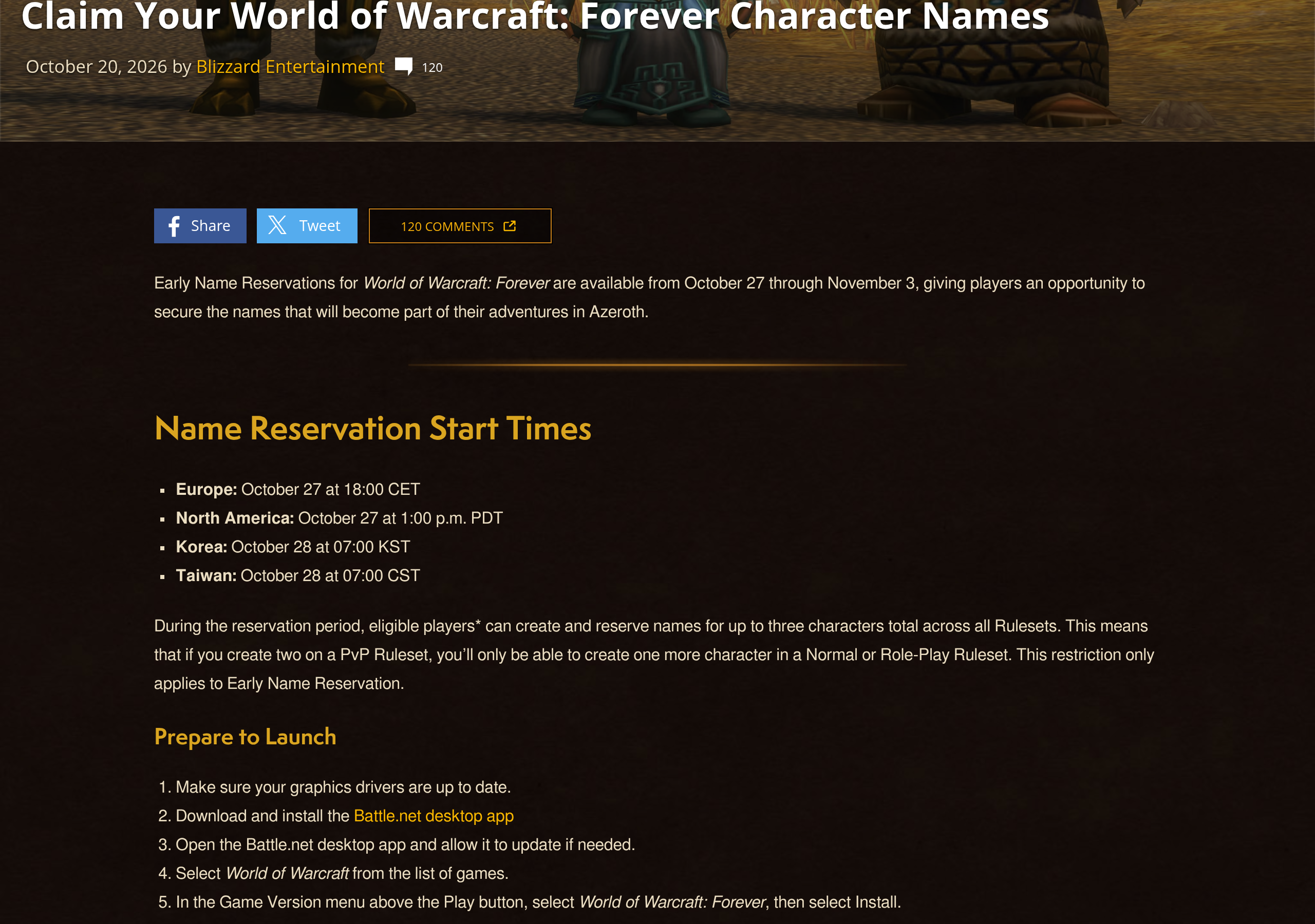 Annonce Blizzard sur la réservation des noms de personnages, avec les dates du 27 octobre au 3 novembre et la limite de trois personnages