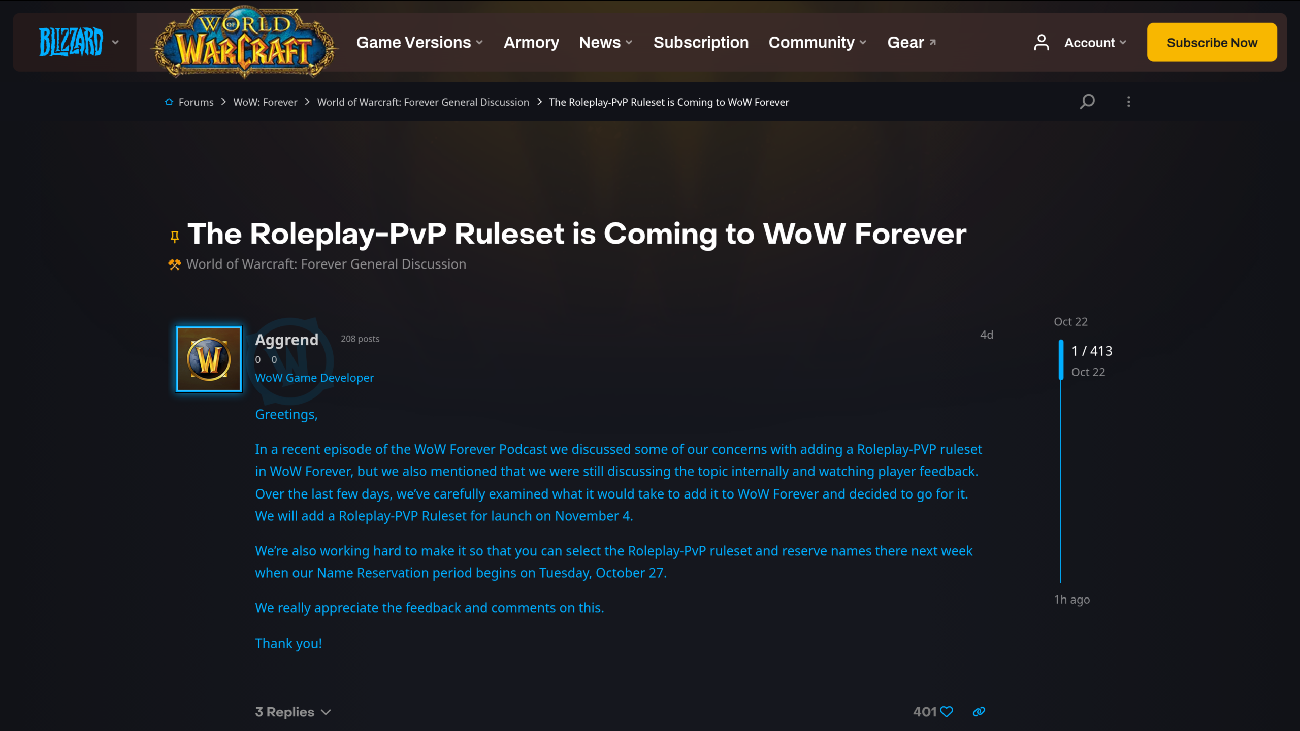 Capture du forum officiel de Blizzard : message de Aggrend, développeur de World of Warcraft, sous le titre The Roleplay-PvP Ruleset is Coming to WoW Forever