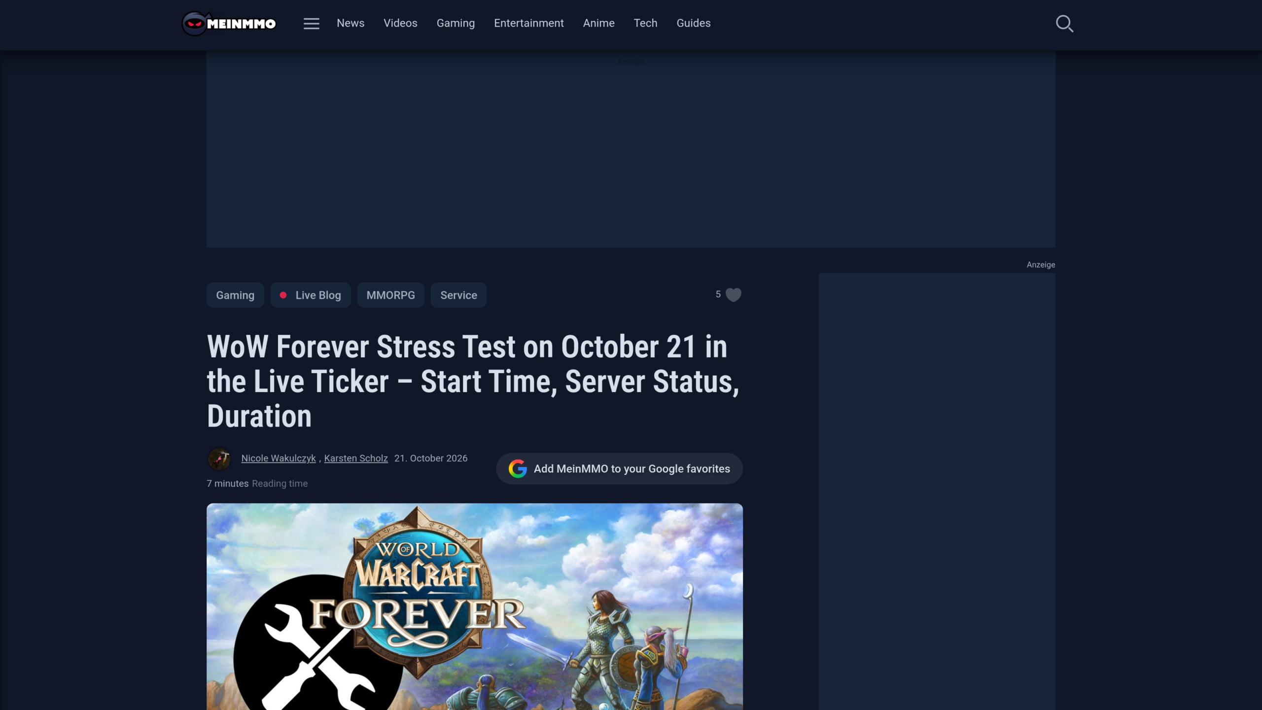 Titre du direct de MeinMMO sur le stress test de WoW Forever du 21 octobre 2026, signé Nicole Wakulczyk et Karsten Scholz, avec une illustration du logo WoW Forever et d'une clé à molette