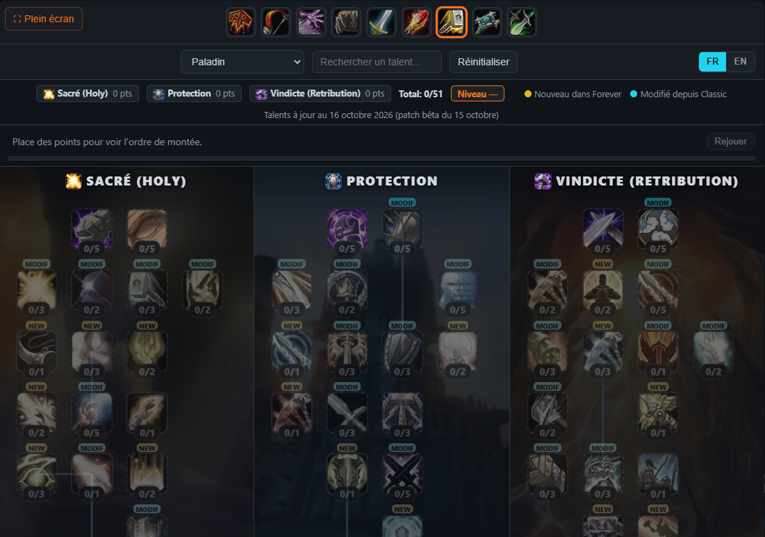 Calculateur de talents WoW Forever ouvert sur le paladin, avec les trois arbres Sacré, Protection et Vindicte côte à côte et les pastilles Nouveau et Modifié