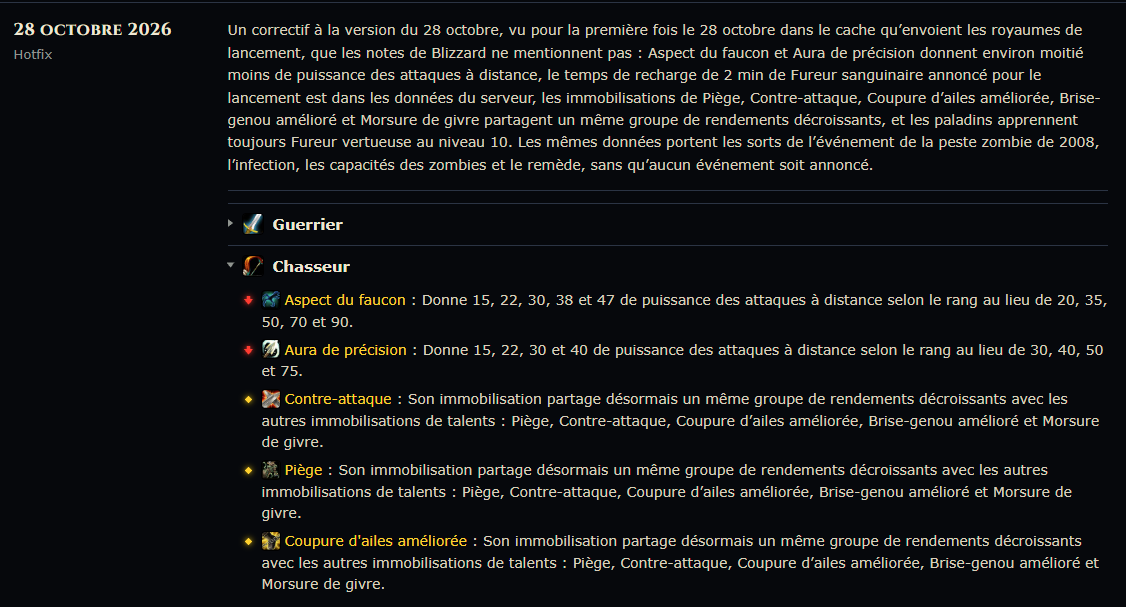Entrée du 28 octobre sur foreverchanges.pro : Aspect du faucon et Aura de précision réduits, et immobilisations du chasseur regroupées pour les rendements décroissants